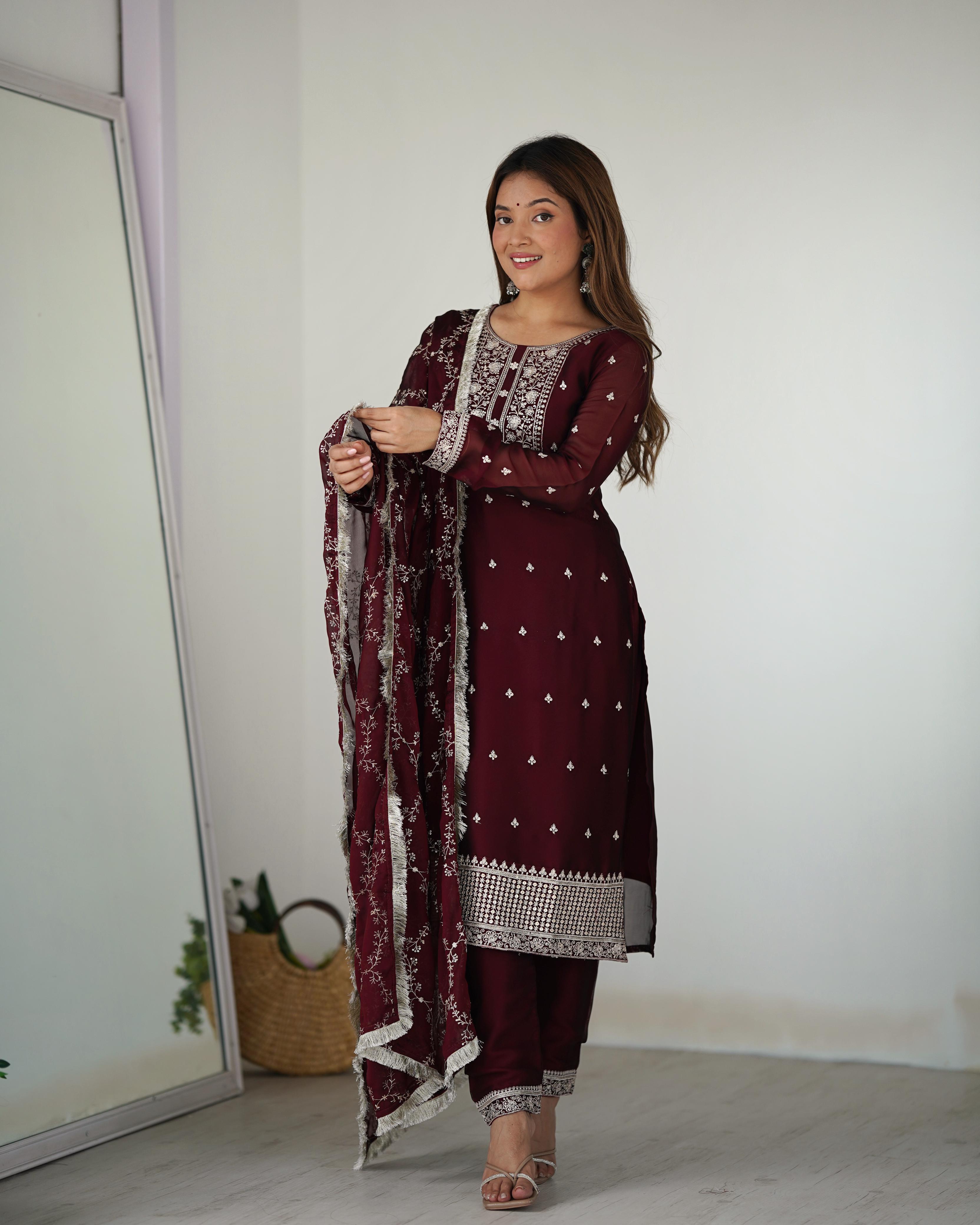 Maroon Pure Blooming Rangoli Silk Kurta Suit Set With Dupatta & Pant