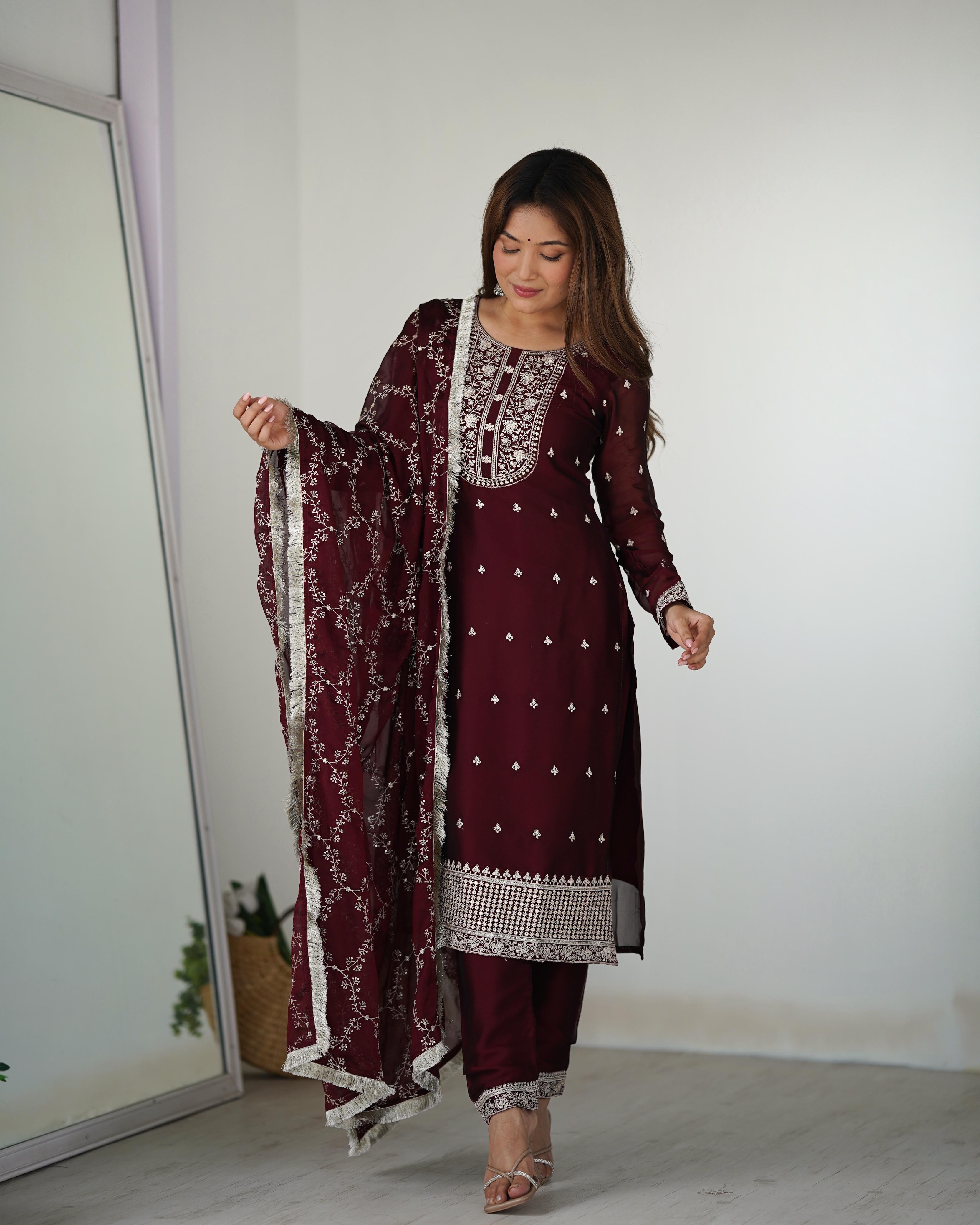 Maroon Pure Blooming Rangoli Silk Kurta Suit Set With Dupatta & Pant