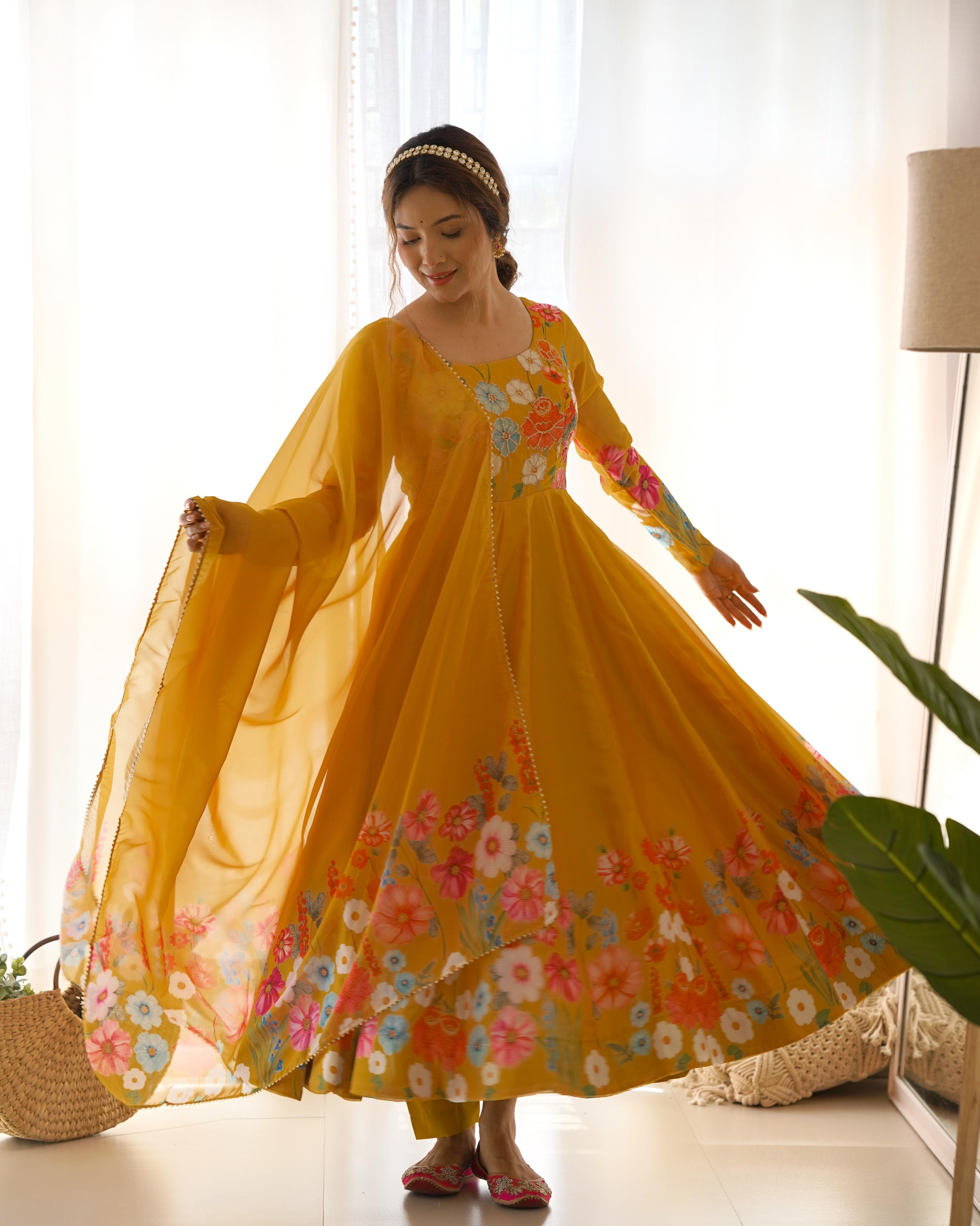 Yellow Pure Soft Organza Anarkali Suit Set With Huge Flair, Dupatta & Pant