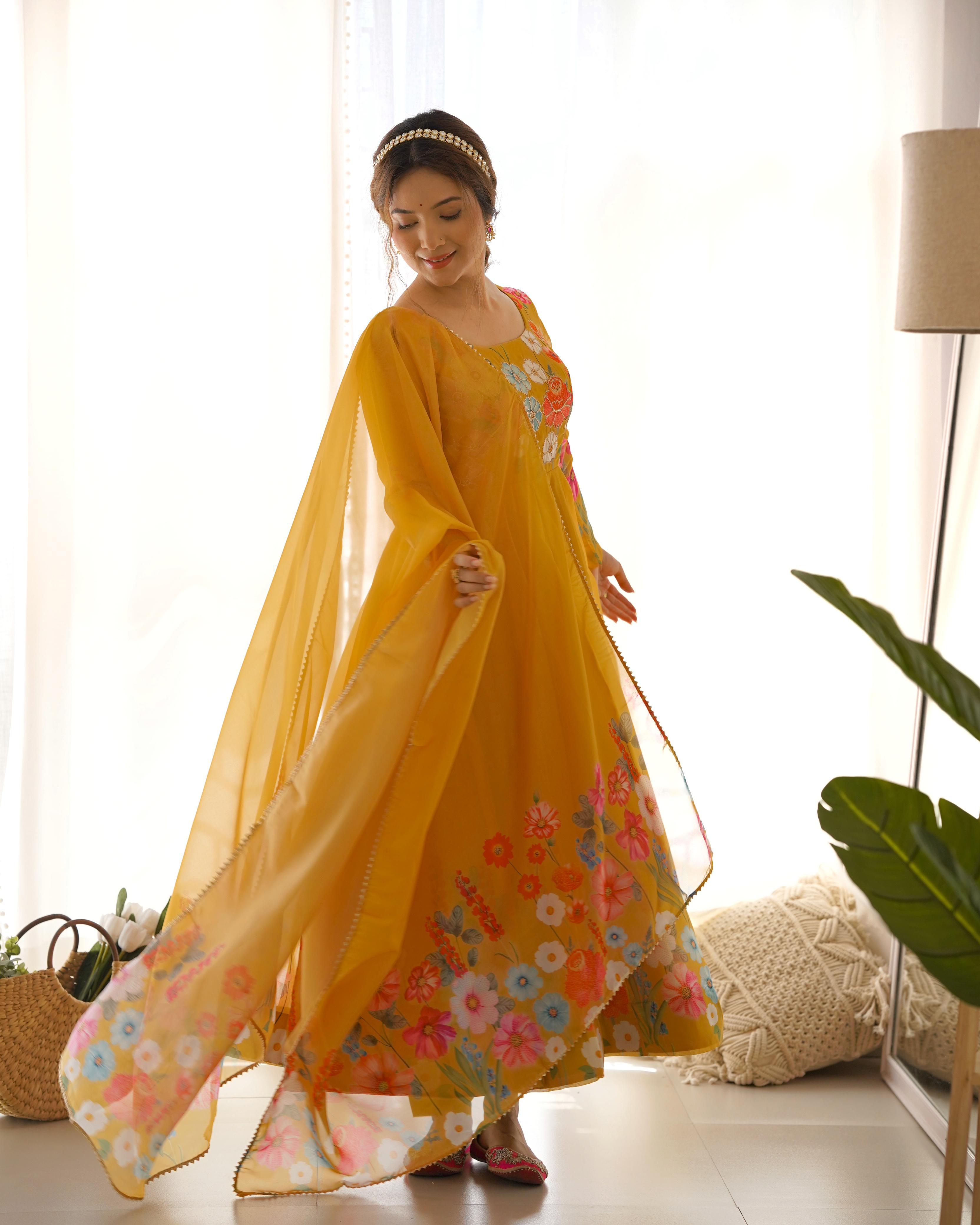 Yellow Pure Soft Organza Anarkali Suit Set With Huge Flair, Dupatta & Pant