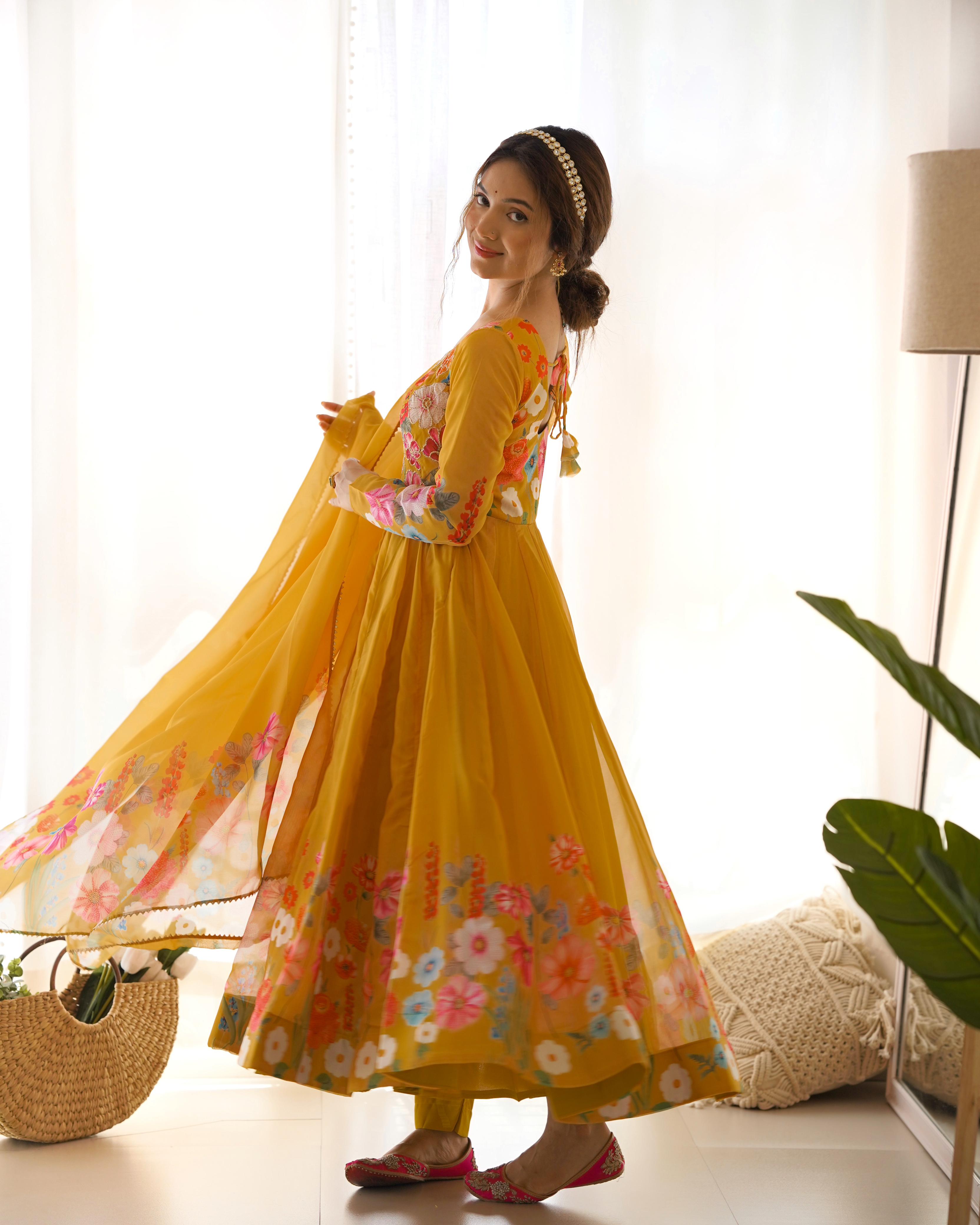 Yellow Pure Soft Organza Anarkali Suit Set With Huge Flair, Dupatta & Pant