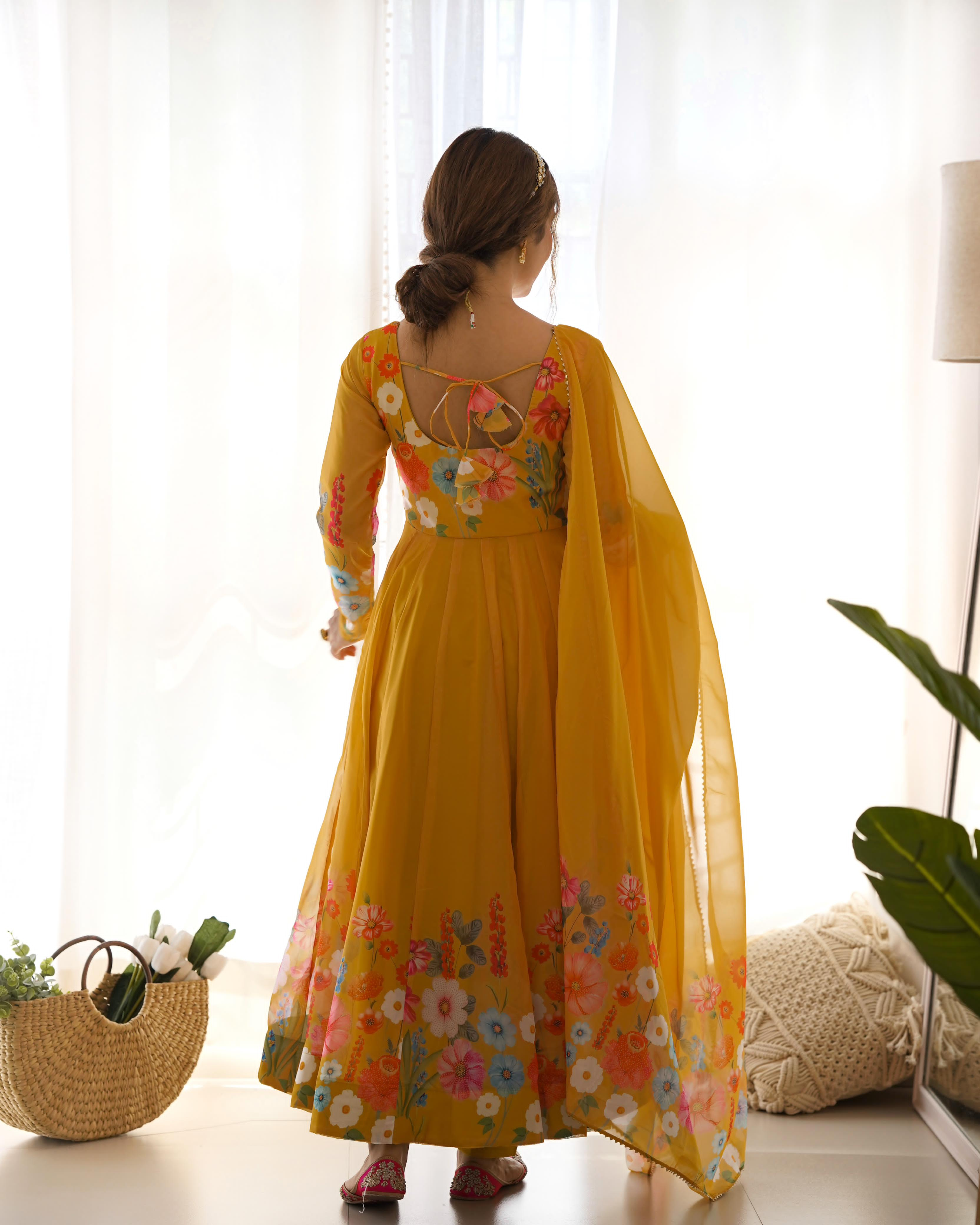 Yellow Pure Soft Organza Anarkali Suit Set With Huge Flair, Dupatta & Pant