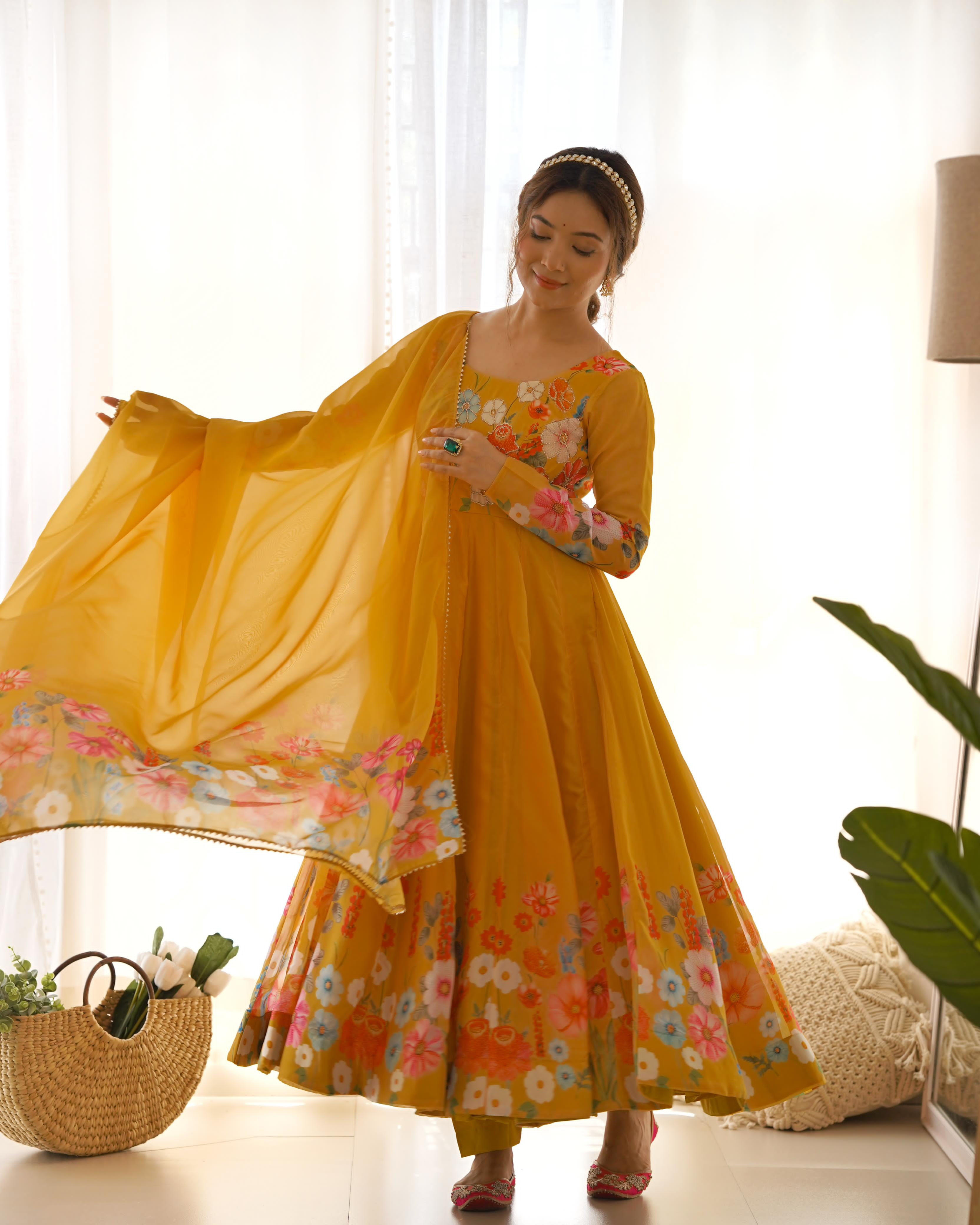 Yellow Pure Soft Organza Anarkali Suit Set With Huge Flair, Dupatta & Pant