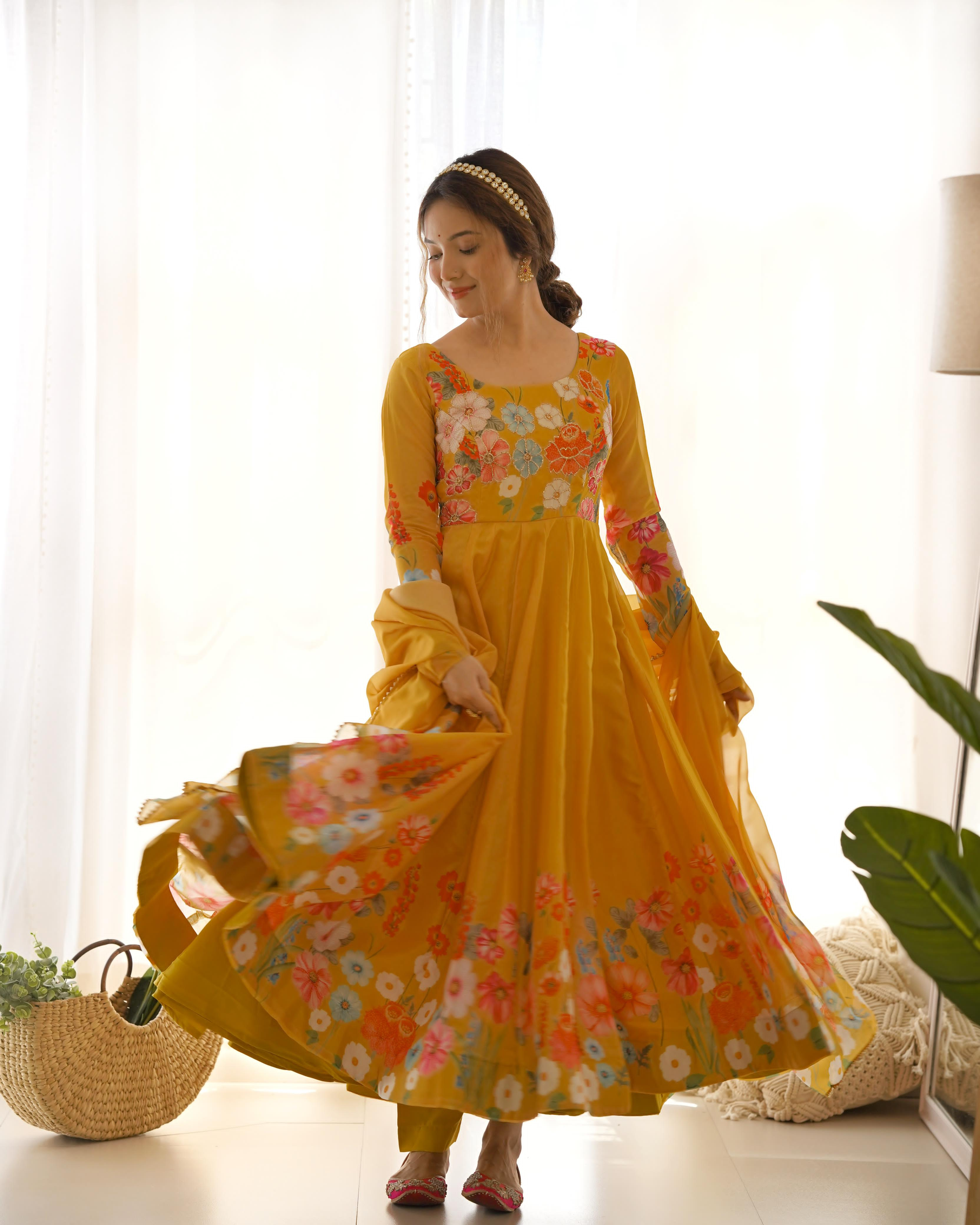 Yellow Pure Soft Organza Anarkali Suit Set With Huge Flair, Dupatta & Pant