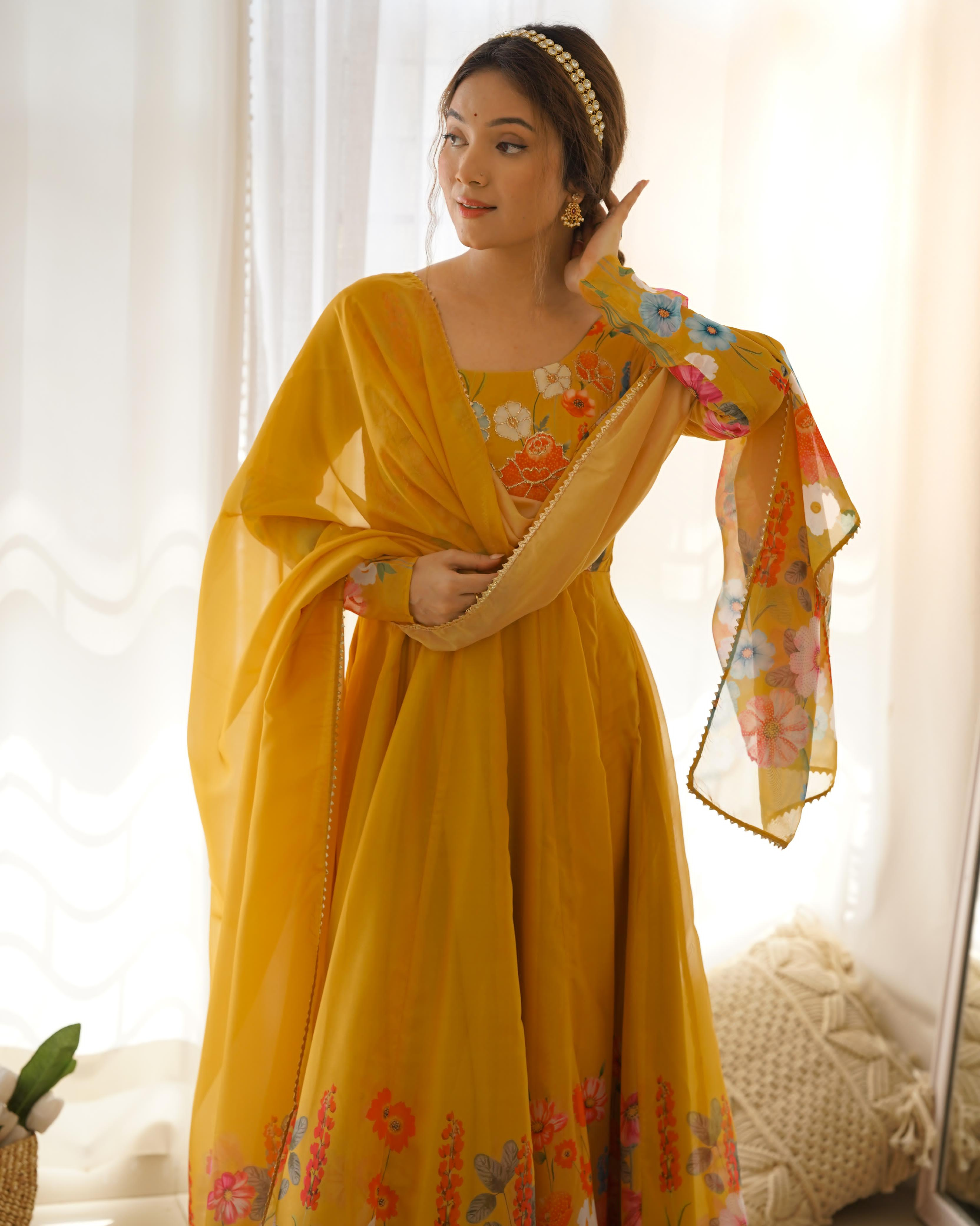 Yellow Pure Soft Organza Anarkali Suit Set With Huge Flair, Dupatta & Pant