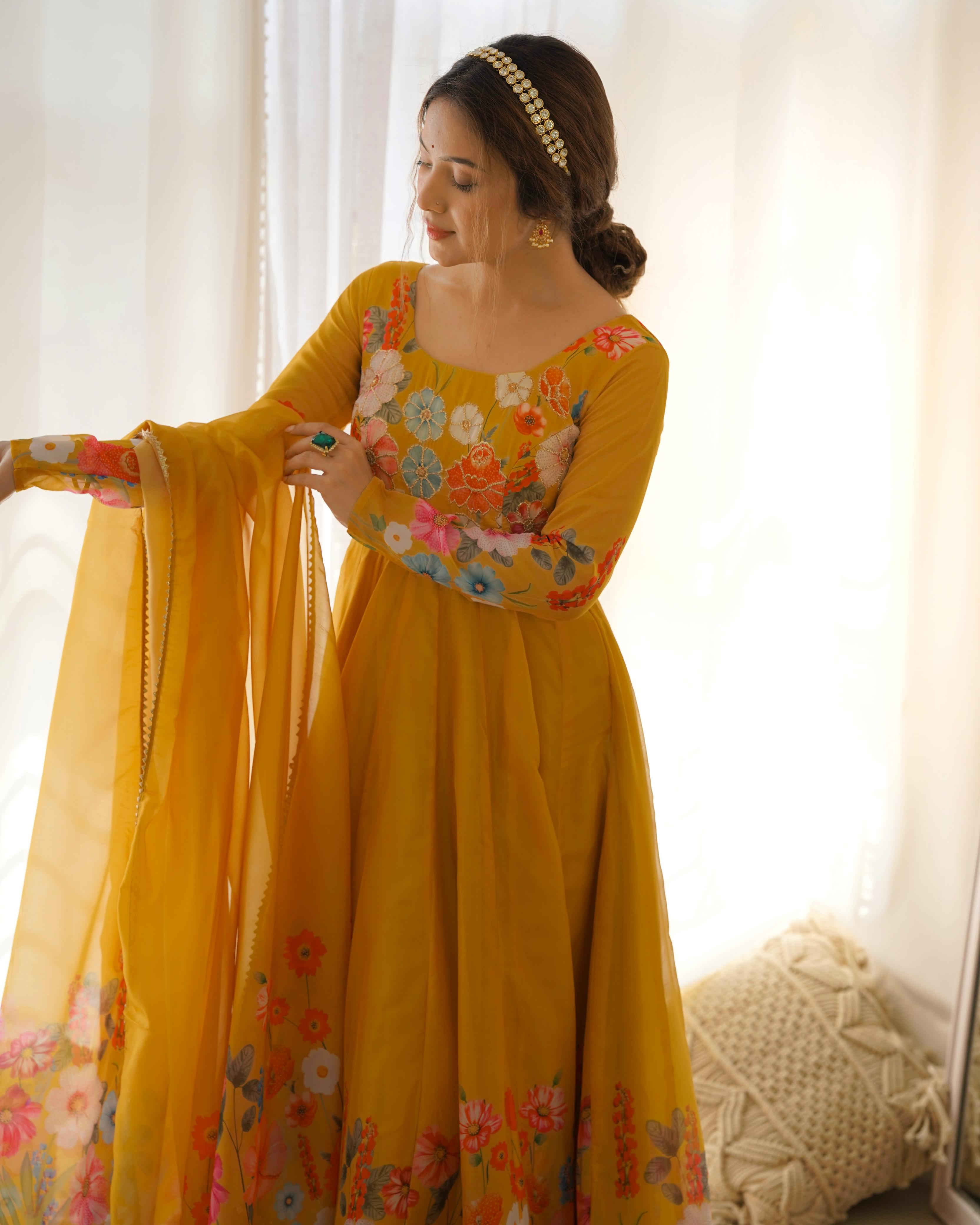 Yellow Pure Soft Organza Anarkali Suit Set With Huge Flair, Dupatta & Pant