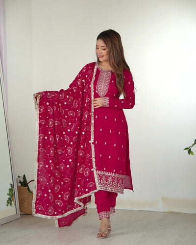 Dark Pink Pure Blooming Rangoli Silk Kurta Suit Set With Dupatta & Pant