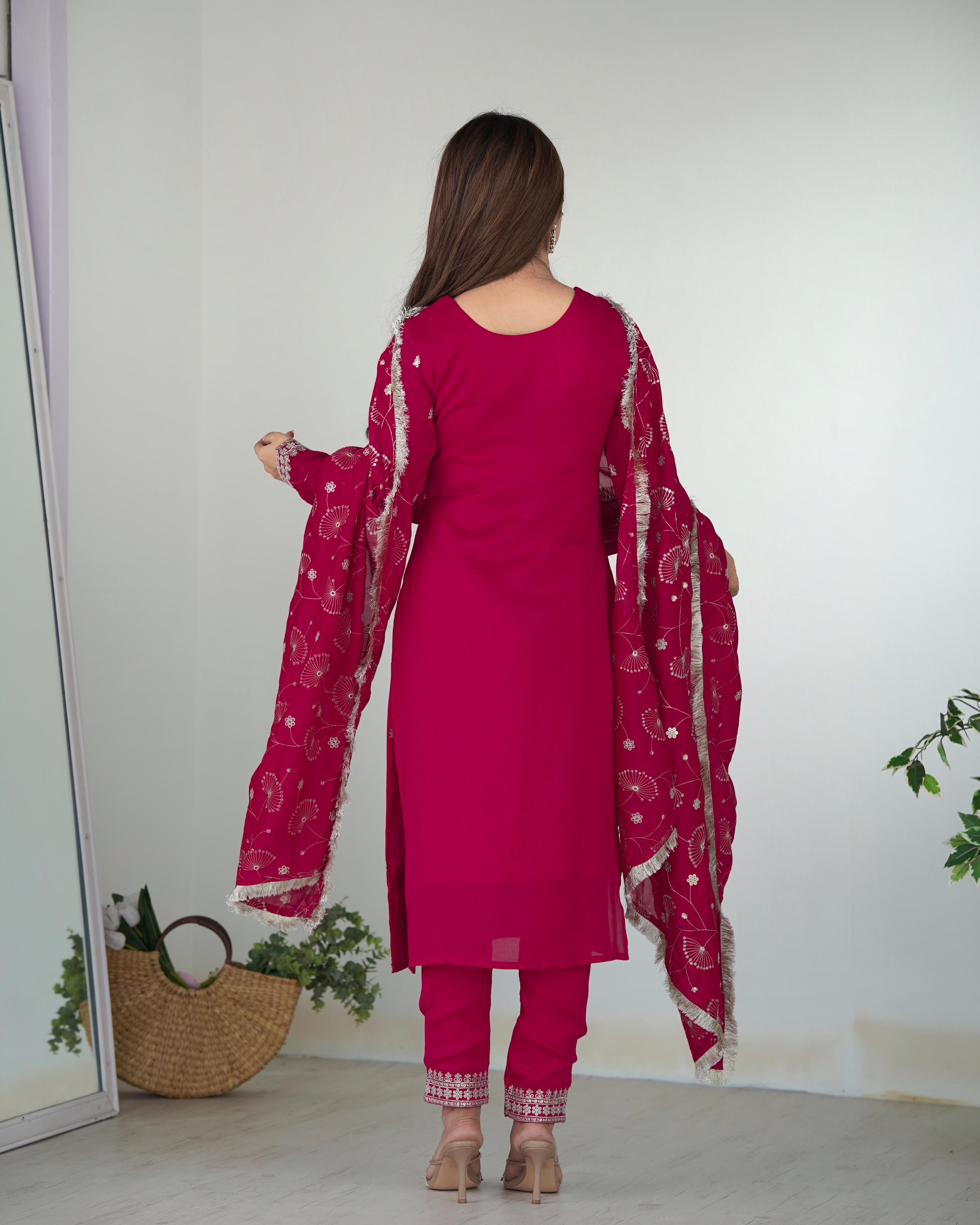 Dark Pink Pure Blooming Rangoli Silk Kurta Suit Set With Dupatta & Pant