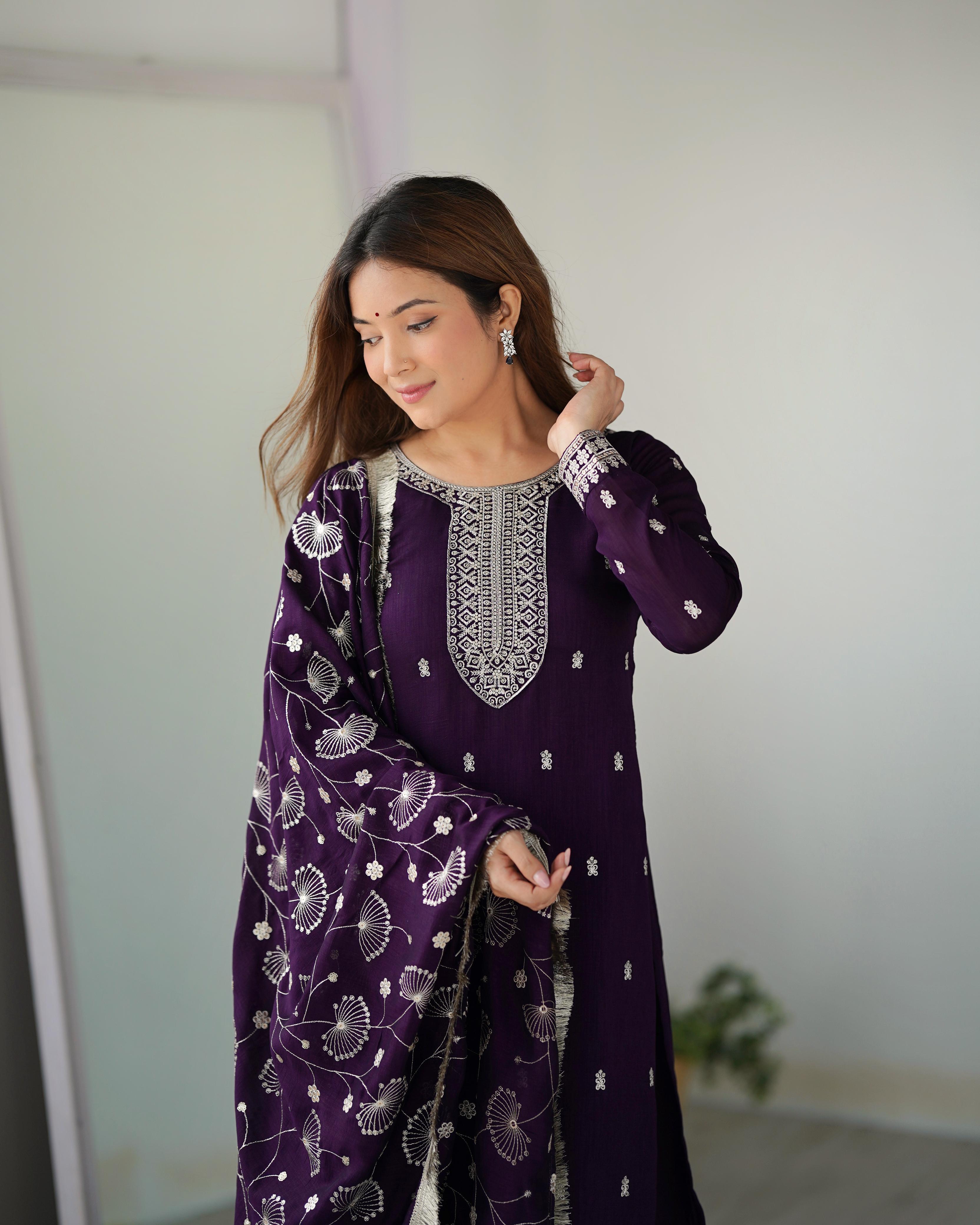 Purple Pure Blooming Rangoli Silk Kurta Suit Set With Dupatta & Pant