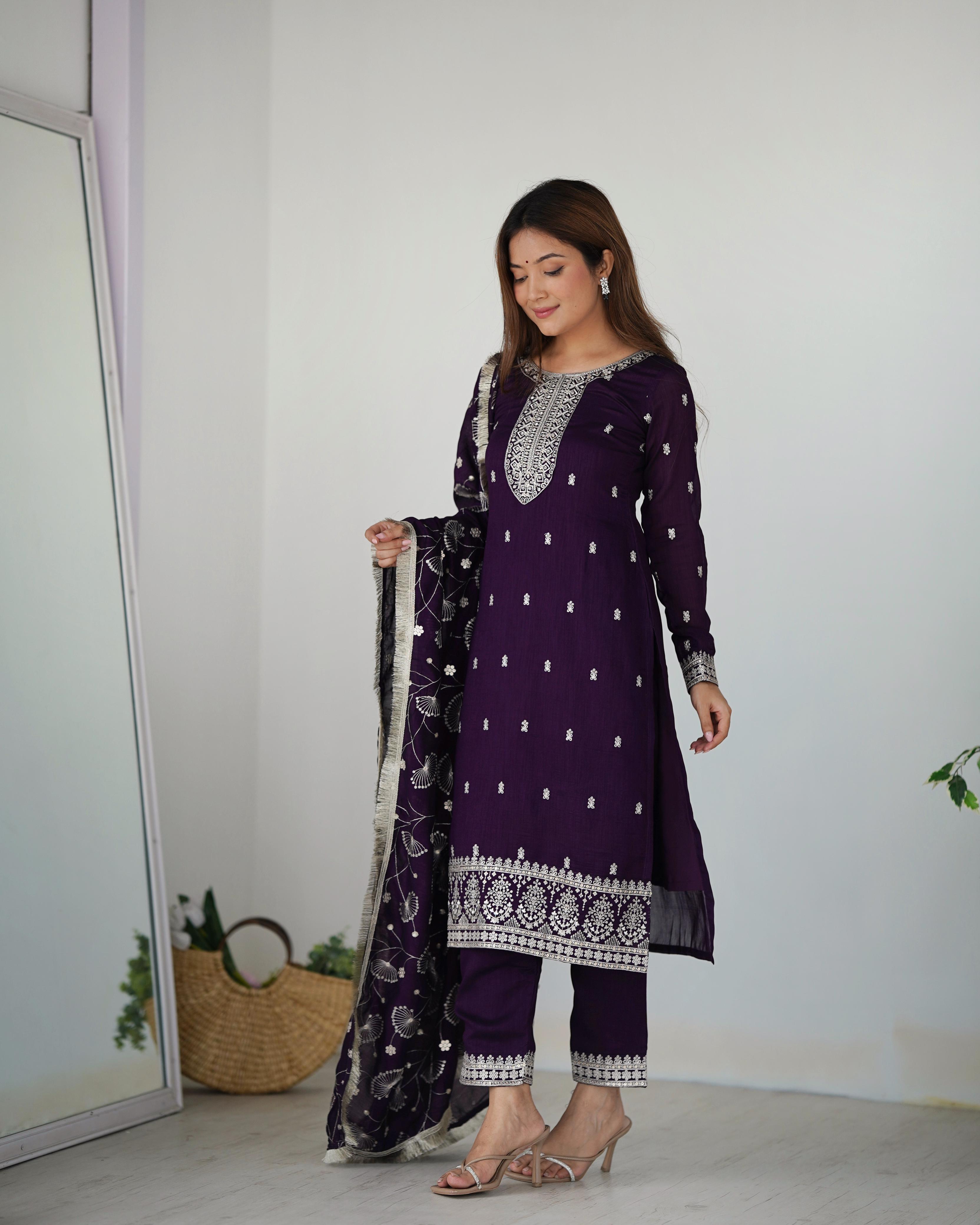 Purple Pure Blooming Rangoli Silk Kurta Suit Set With Dupatta & Pant