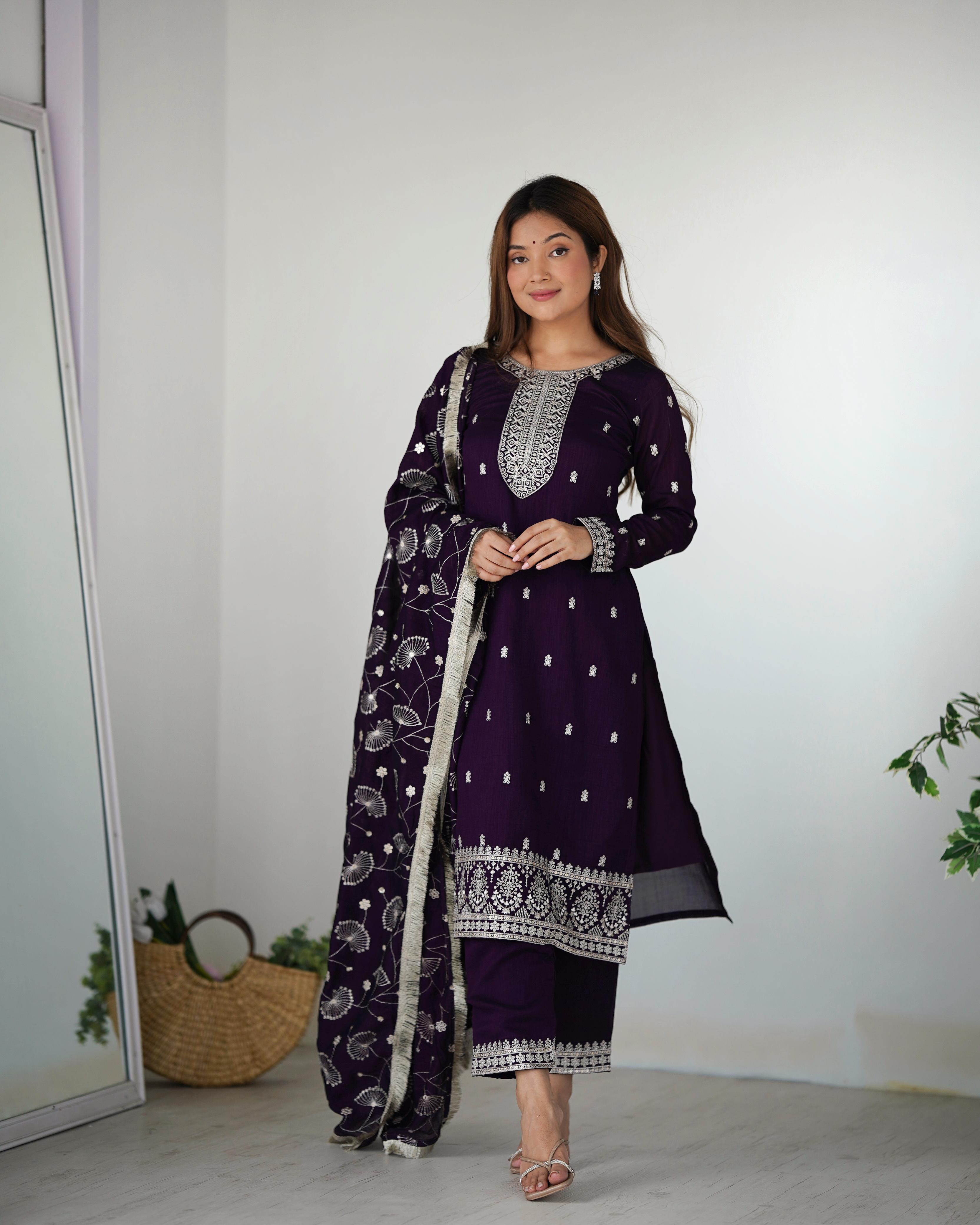 Purple Pure Blooming Rangoli Silk Kurta Suit Set With Dupatta & Pant