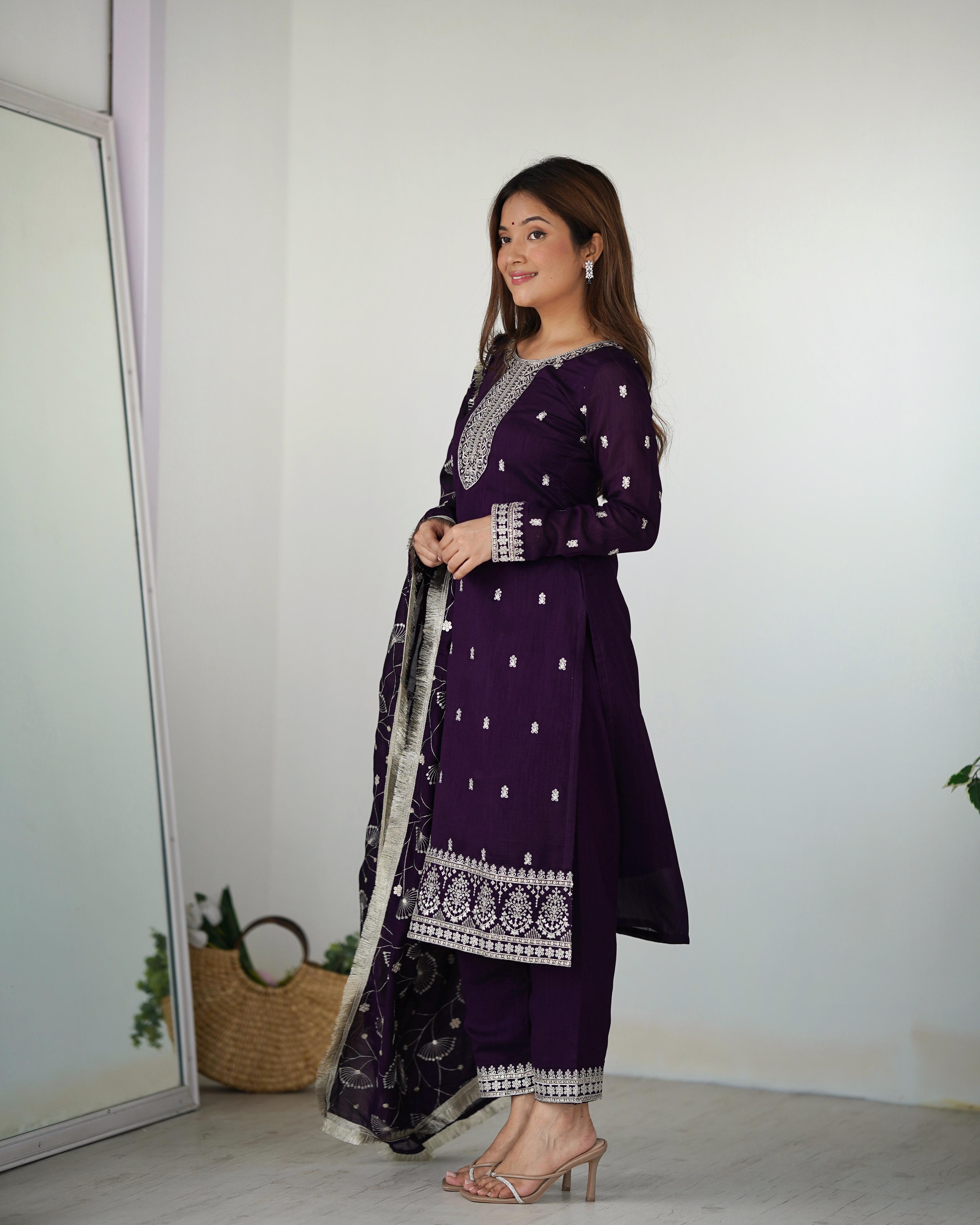 Purple Pure Blooming Rangoli Silk Kurta Suit Set With Dupatta & Pant