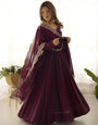 Wine Pure Roman Silk Chanderi Anarkali Suit Set With Huge Flair, Dupatta & Pant