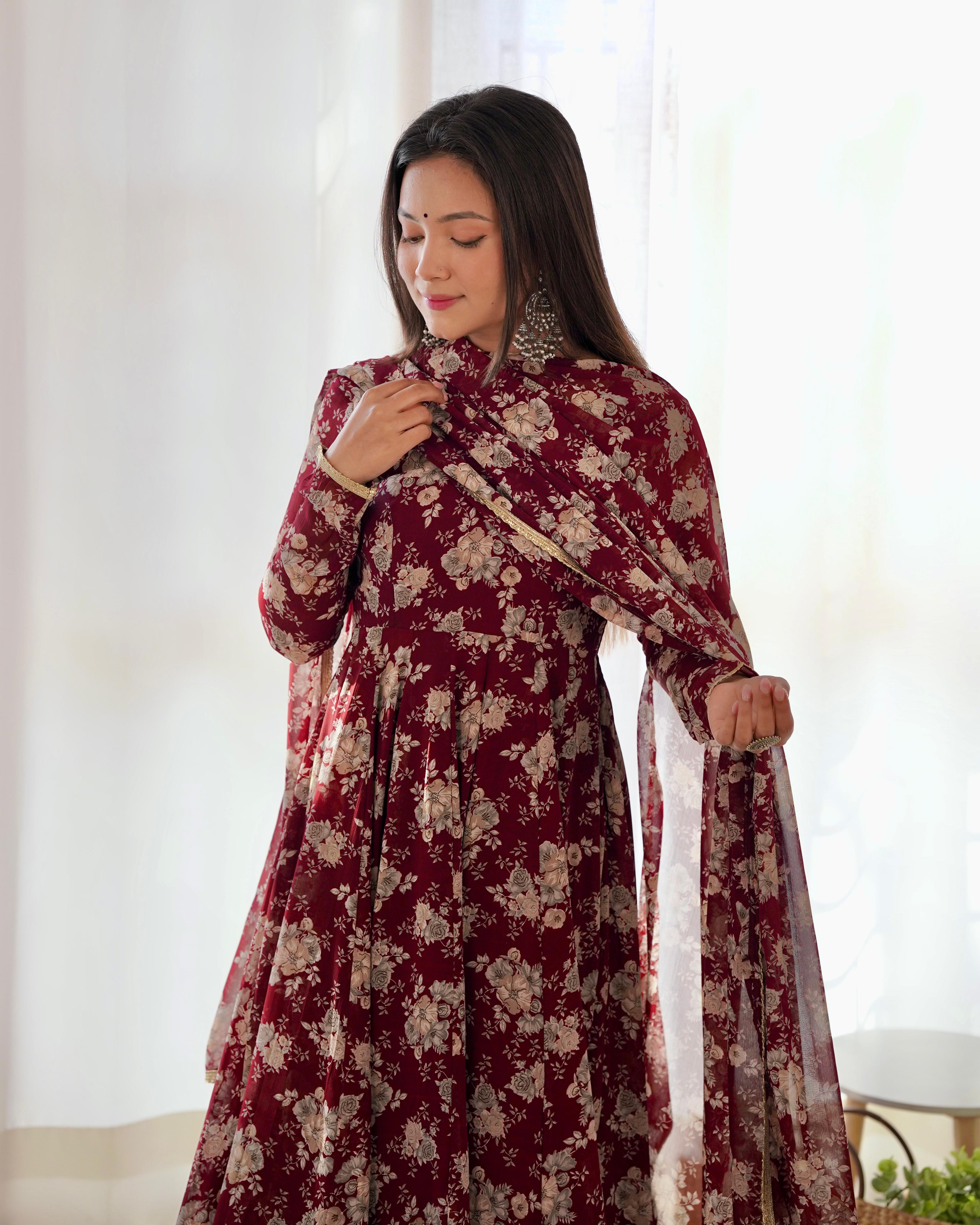 Dark Maroon Pure Soft Fox Georgette Anarkali Suit Set With Huge Flair, Dupatta & Pant