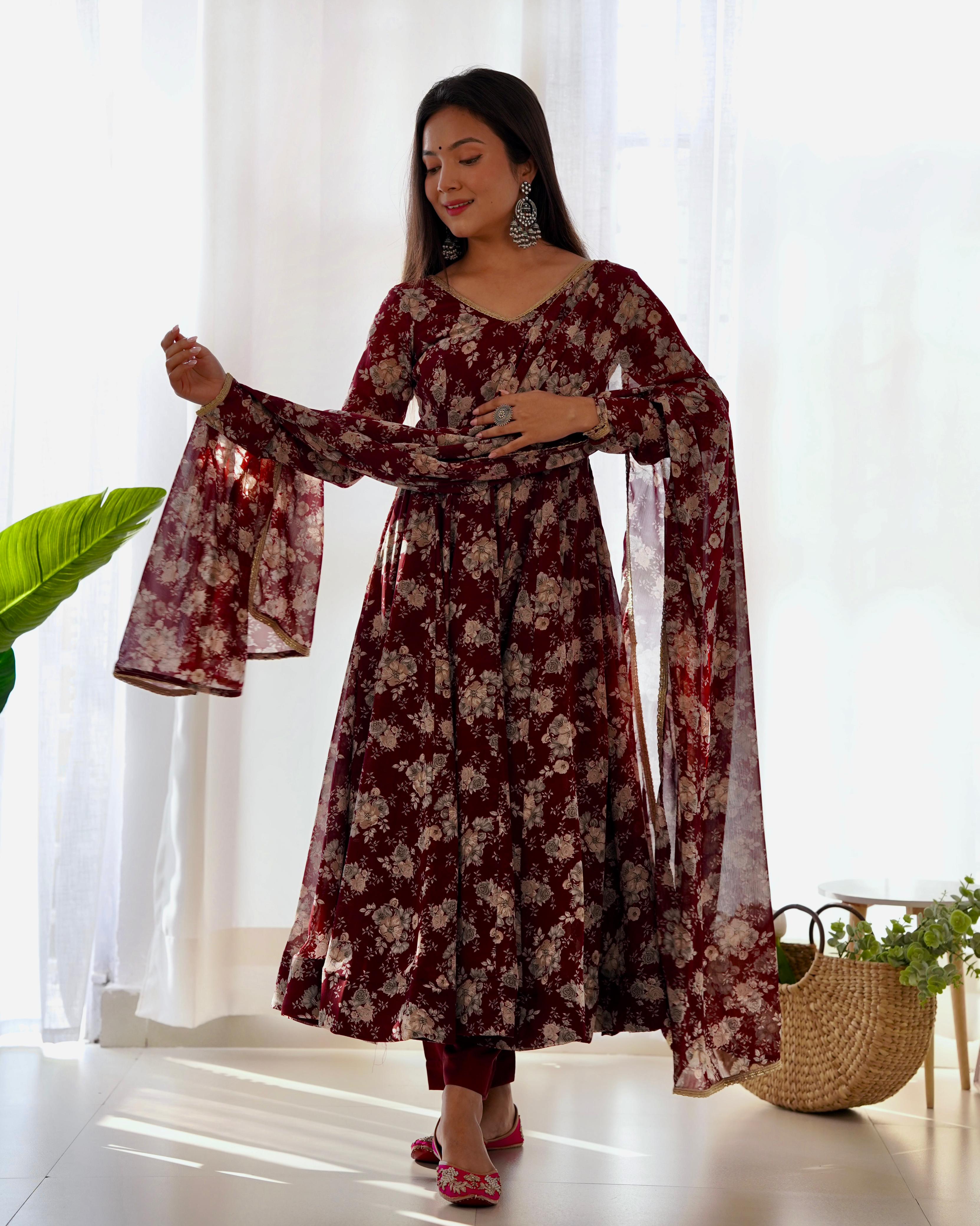 Dark Maroon Pure Soft Fox Georgette Anarkali Suit Set With Huge Flair, Dupatta & Pant