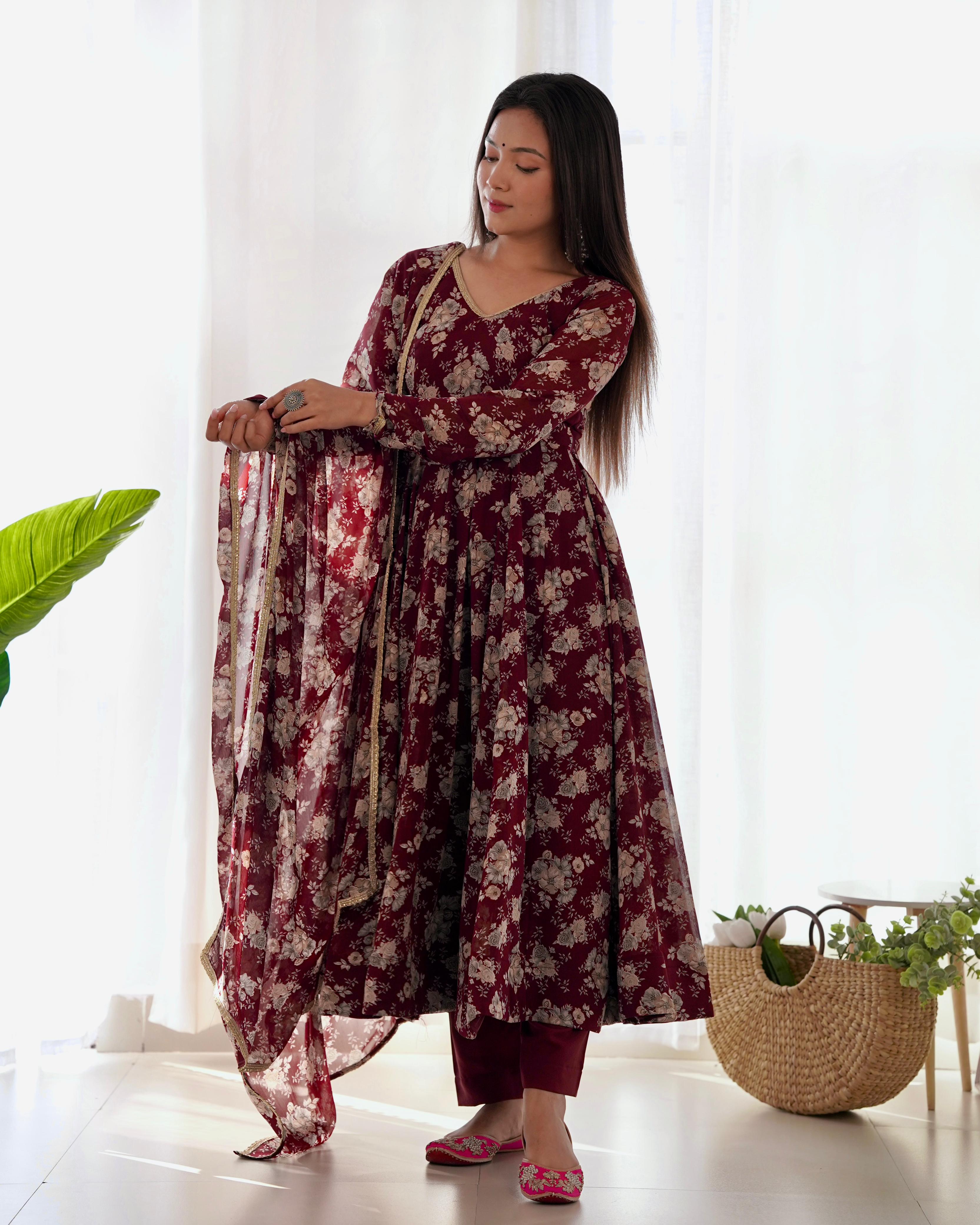 Dark Maroon Pure Soft Fox Georgette Anarkali Suit Set With Huge Flair, Dupatta & Pant