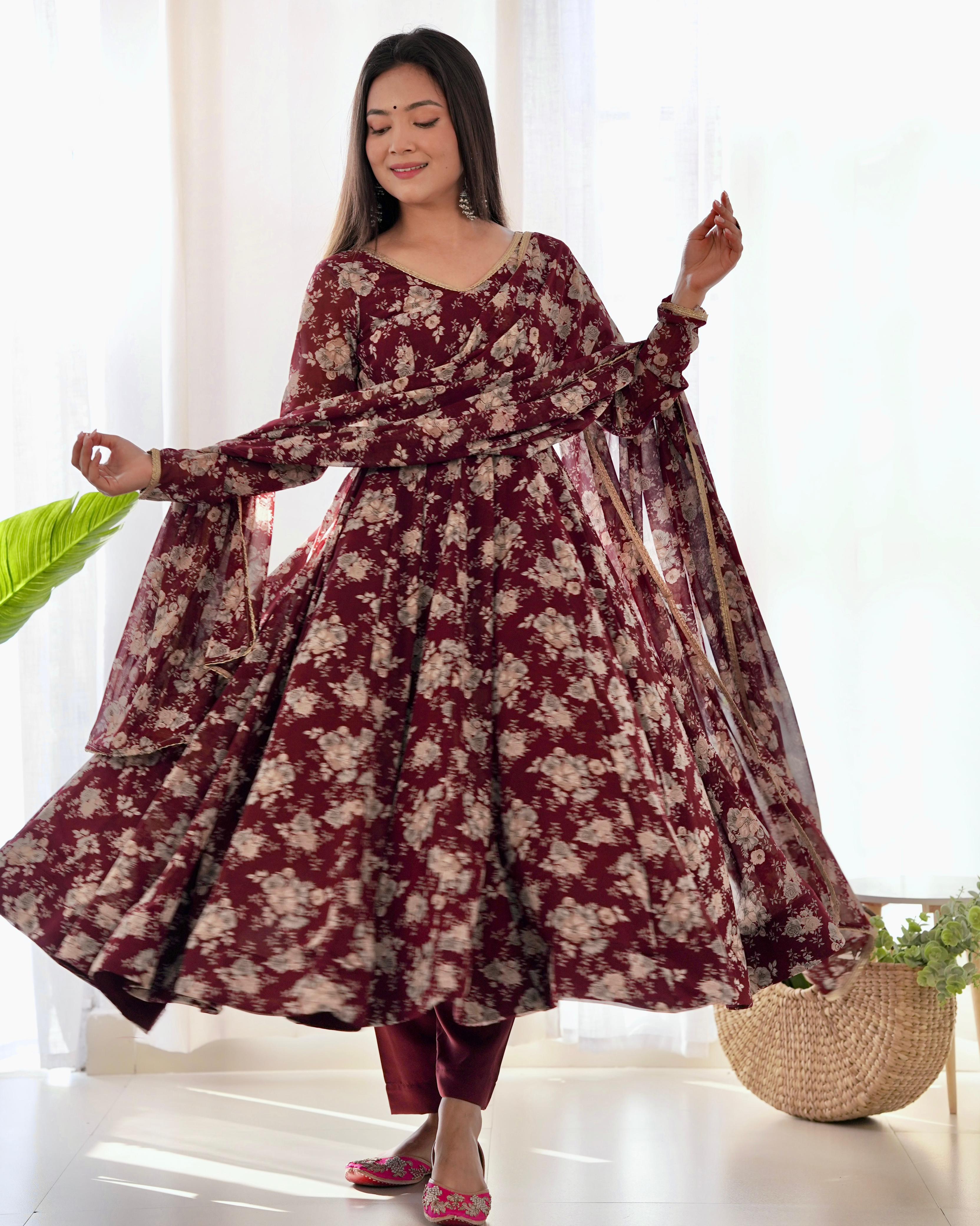 Dark Maroon Pure Soft Fox Georgette Anarkali Suit Set With Huge Flair, Dupatta & Pant