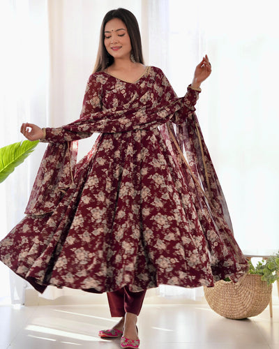 Dark Maroon Pure Soft Fox Georgette Anarkali Suit Set With Huge Flair, Dupatta & Pant