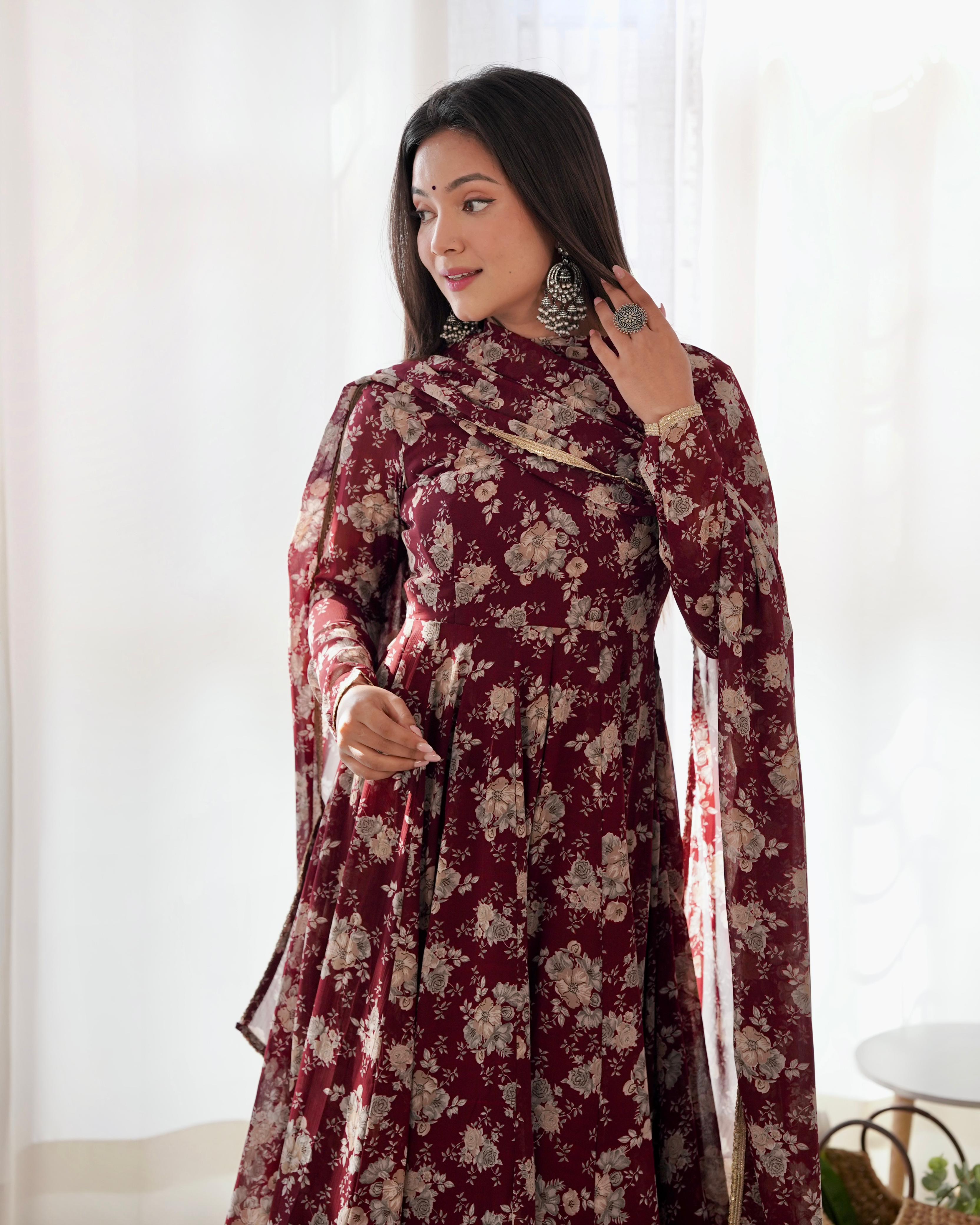 Dark Maroon Pure Soft Fox Georgette Anarkali Suit Set With Huge Flair, Dupatta & Pant