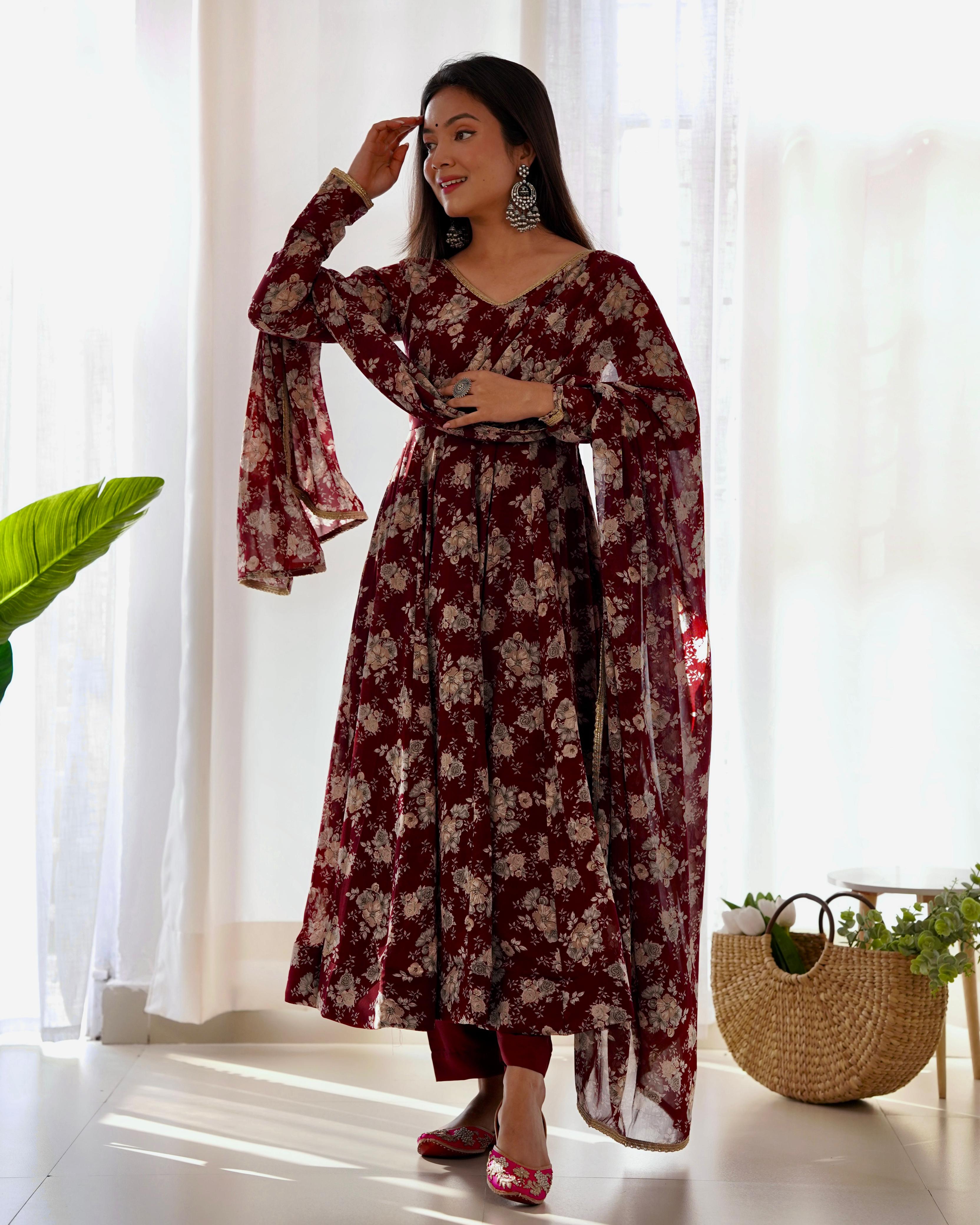 Dark Maroon Pure Soft Fox Georgette Anarkali Suit Set With Huge Flair, Dupatta & Pant