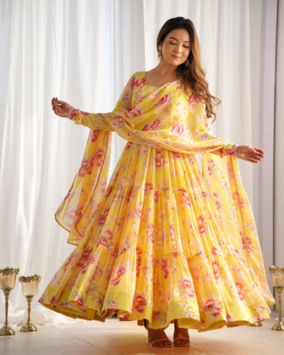 Yellow Pure Soft Fox Georgette Anarkali Suit Set With Huge Flair, Dupatta & Pant