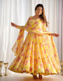 Yellow Pure Soft Fox Georgette Anarkali Suit Set With Huge Flair, Dupatta & Pant