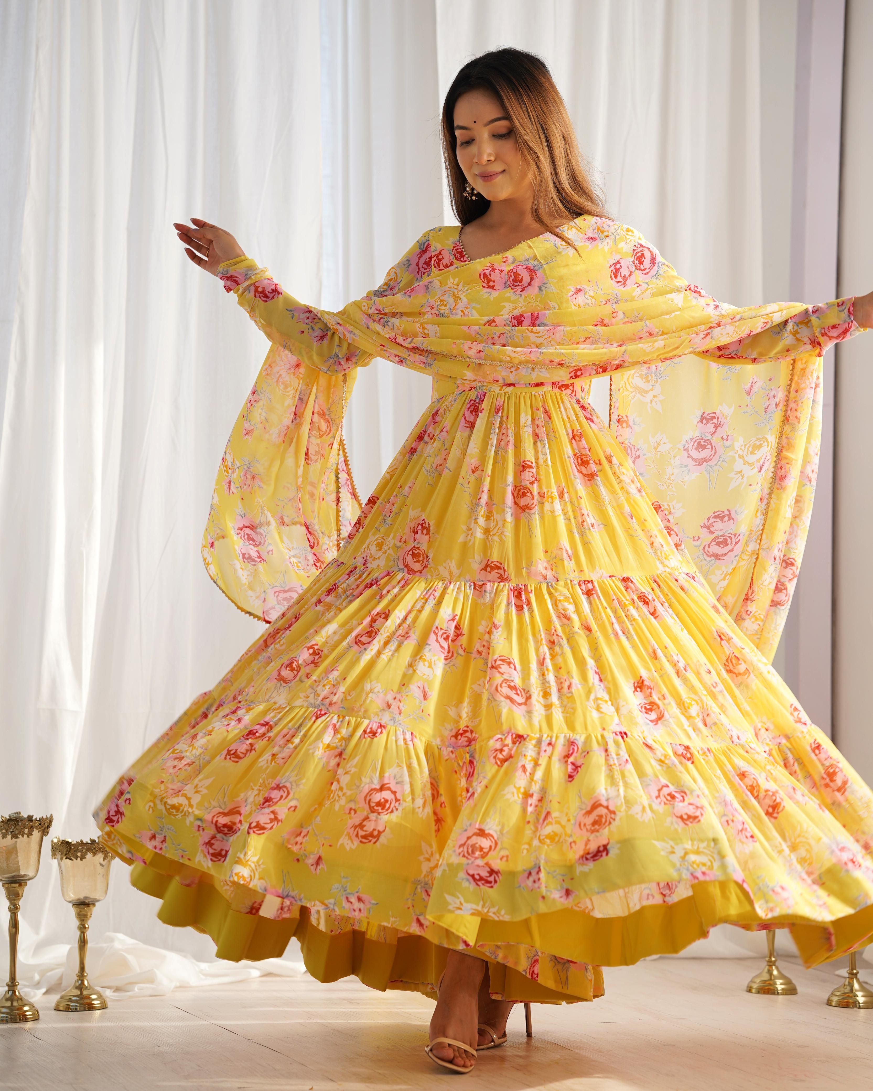 Yellow Pure Soft Fox Georgette Anarkali Suit Set With Huge Flair, Dupatta & Pant