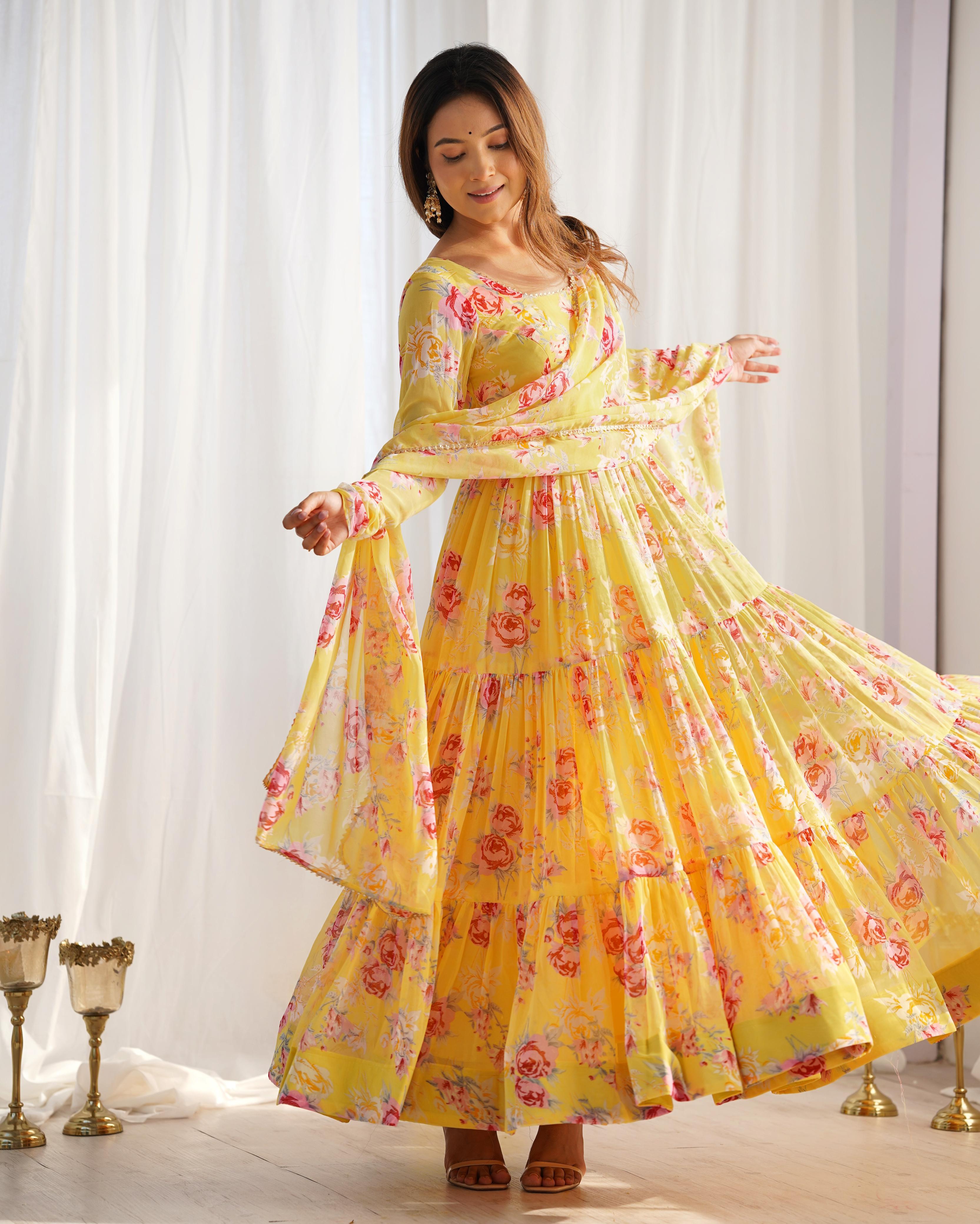 Yellow Pure Soft Fox Georgette Anarkali Suit Set With Huge Flair, Dupatta & Pant