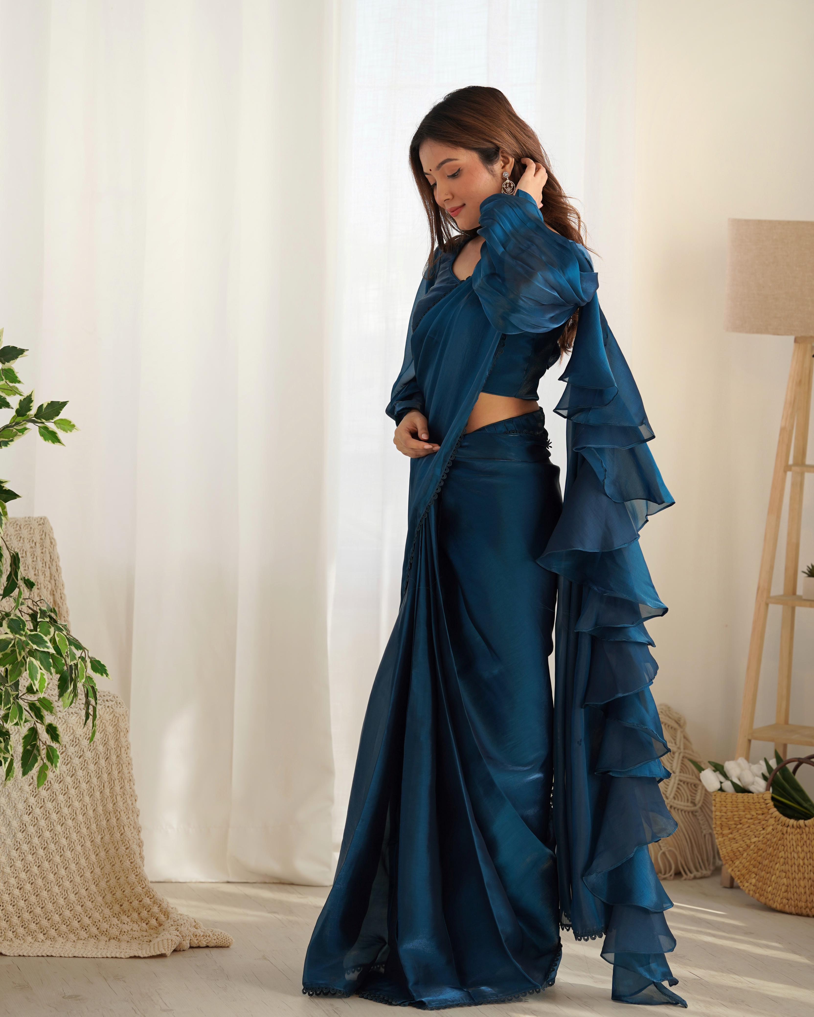 Teal Blue Ready-To-Wear Jimmy Choo Organza Saree With Ruffle