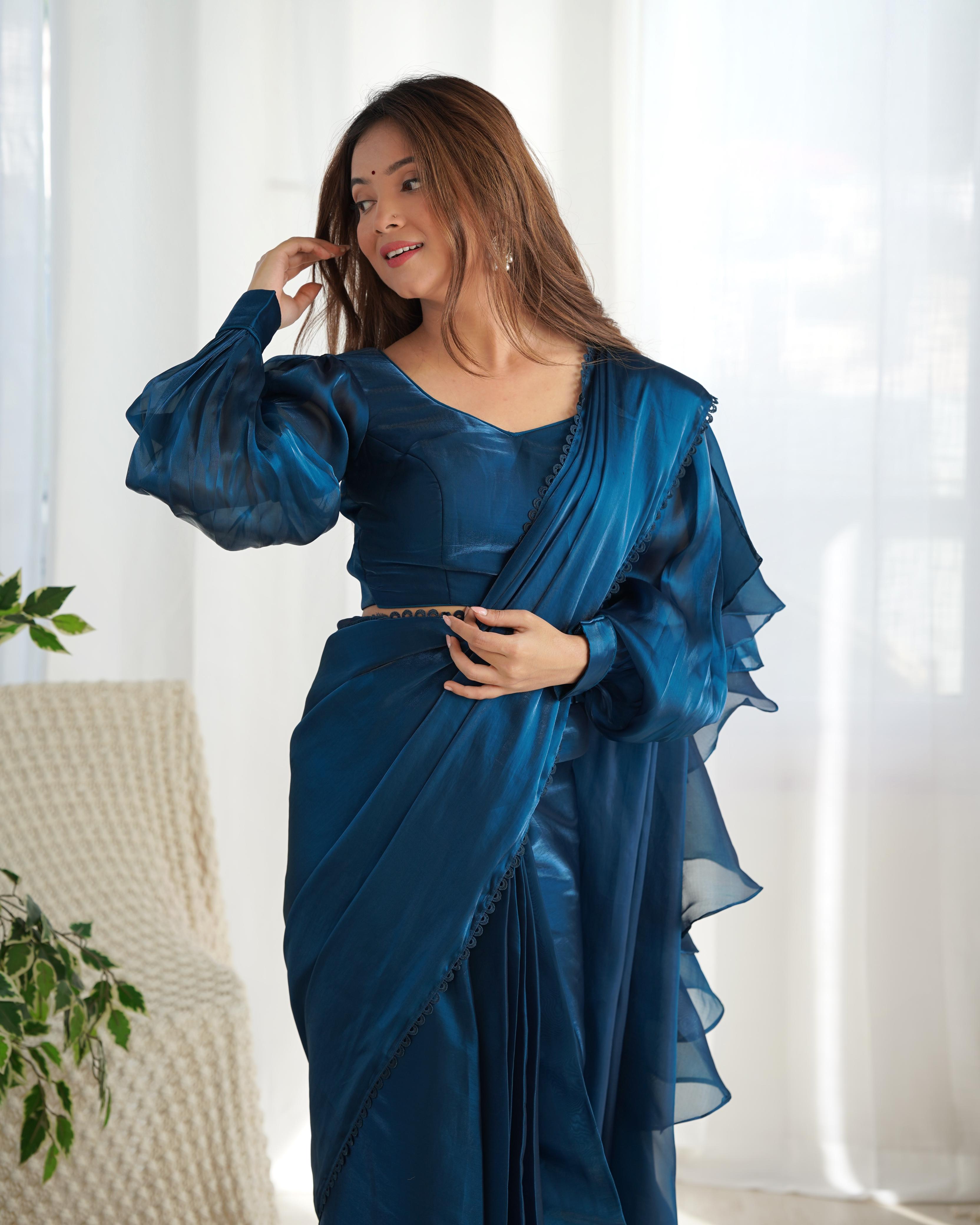 Teal Blue Ready-To-Wear Jimmy Choo Organza Saree With Ruffle