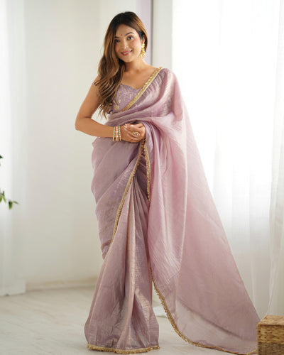 Light Dusty Mauve Ready-To-Wear Gold Crush Tissue Silk Saree