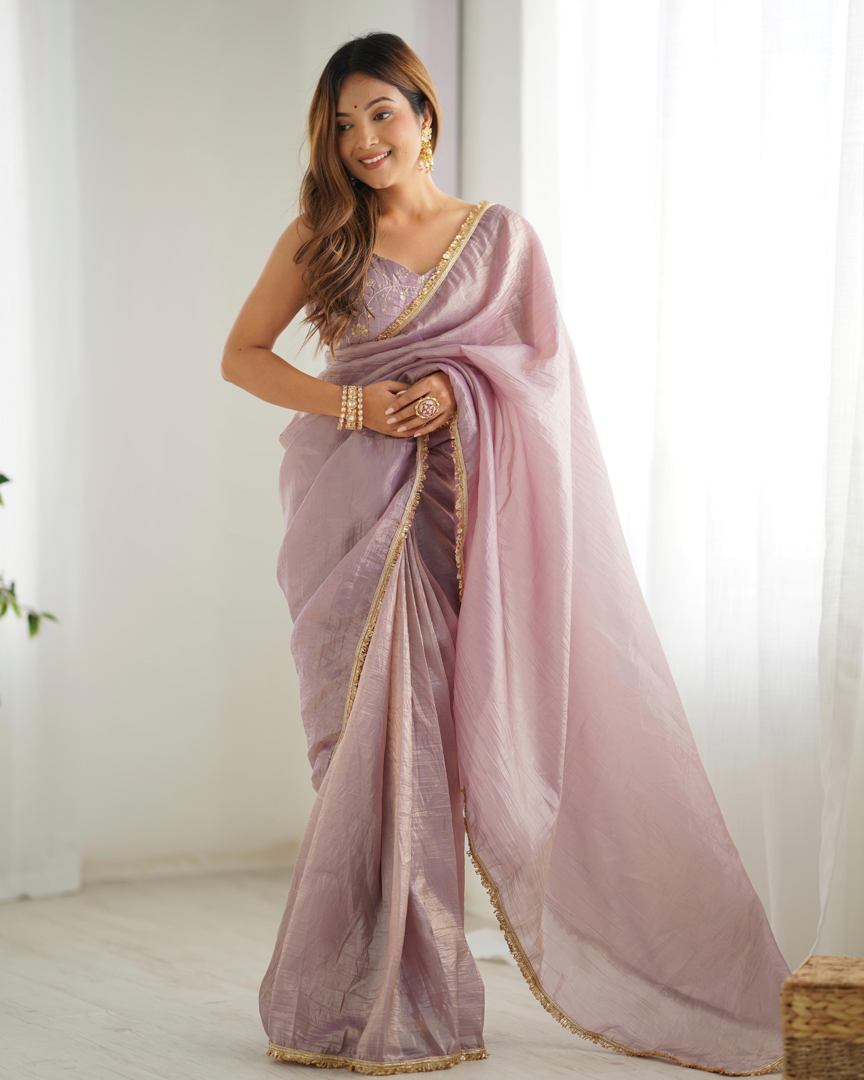 Light Dusty Mauve Ready-To-Wear Gold Crush Tissue Silk Saree