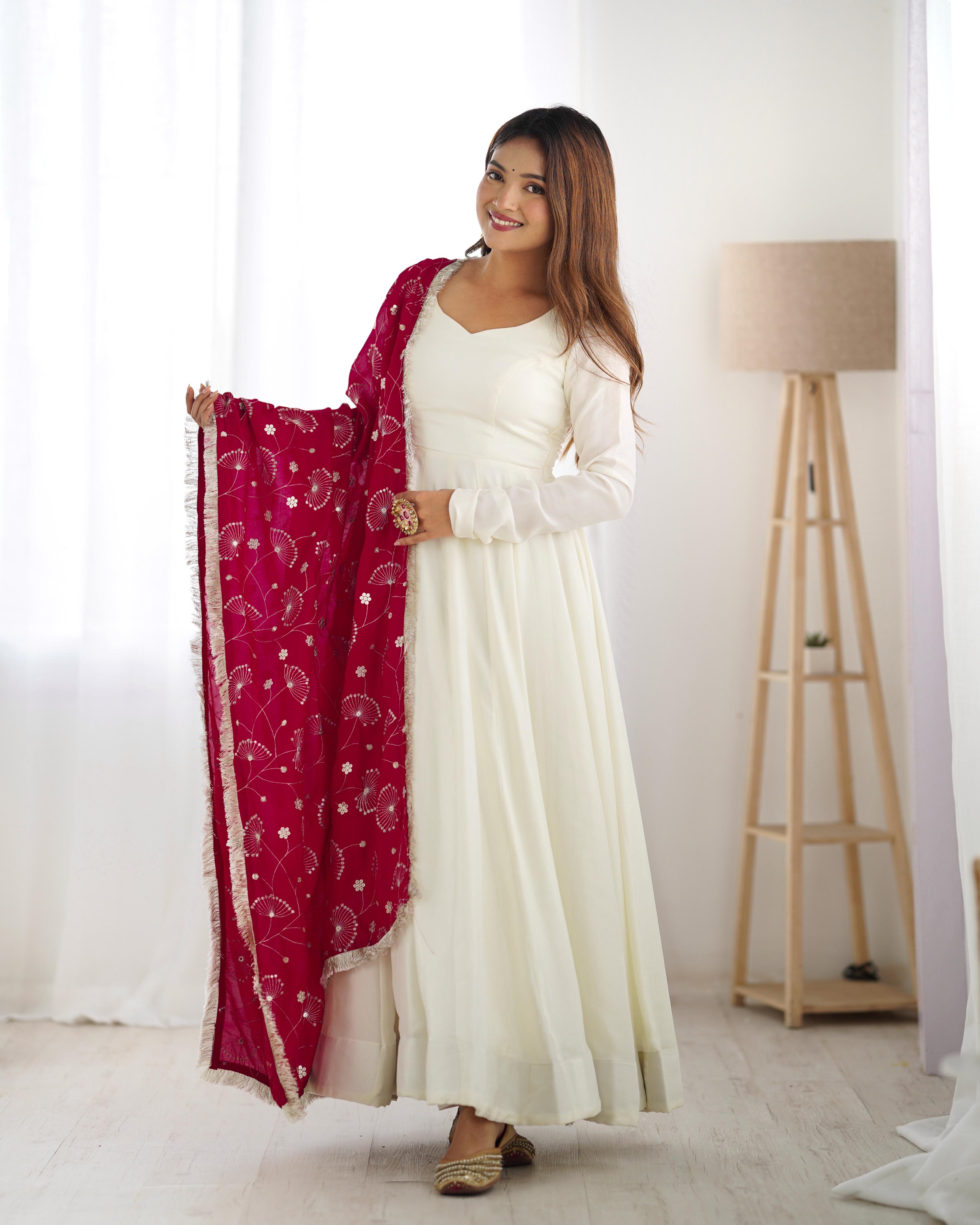 Off White Pure Soft Vichitra Silk Anarkali Suit Set With Huge Flair, Dupatta & Pant