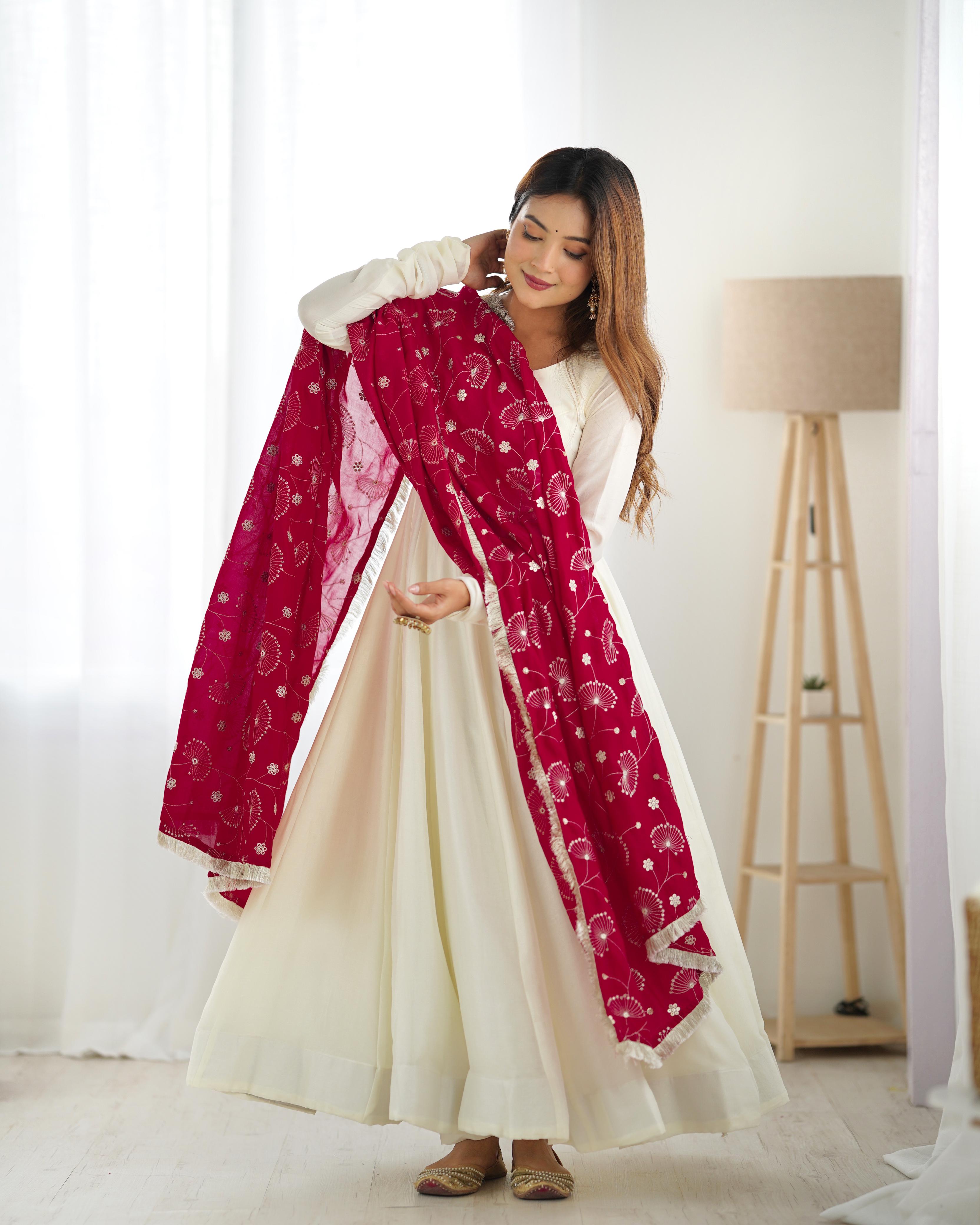 Off White Pure Soft Vichitra Silk Anarkali Suit Set With Huge Flair, Dupatta & Pant