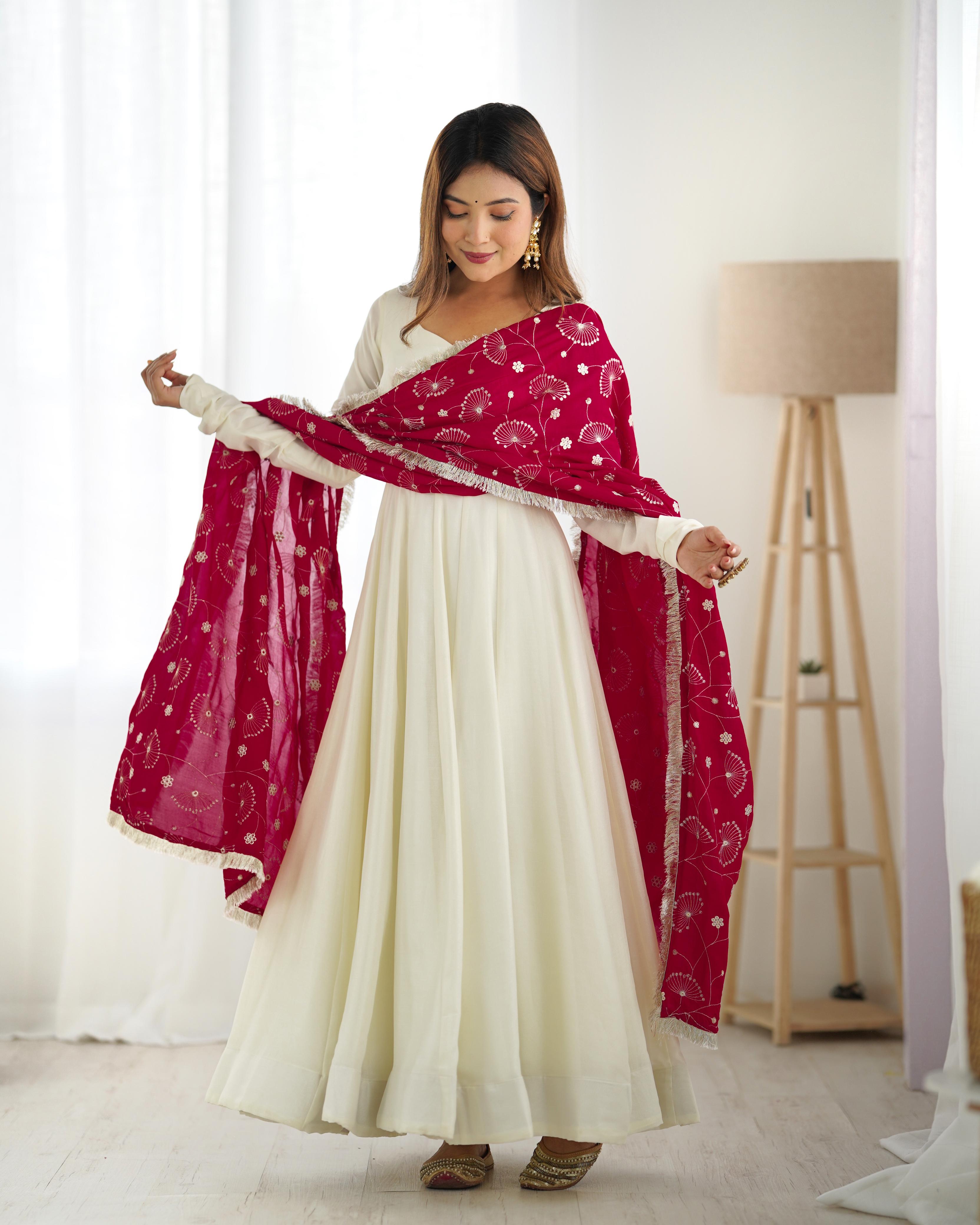 Off White Pure Soft Vichitra Silk Anarkali Suit Set With Huge Flair, Dupatta & Pant