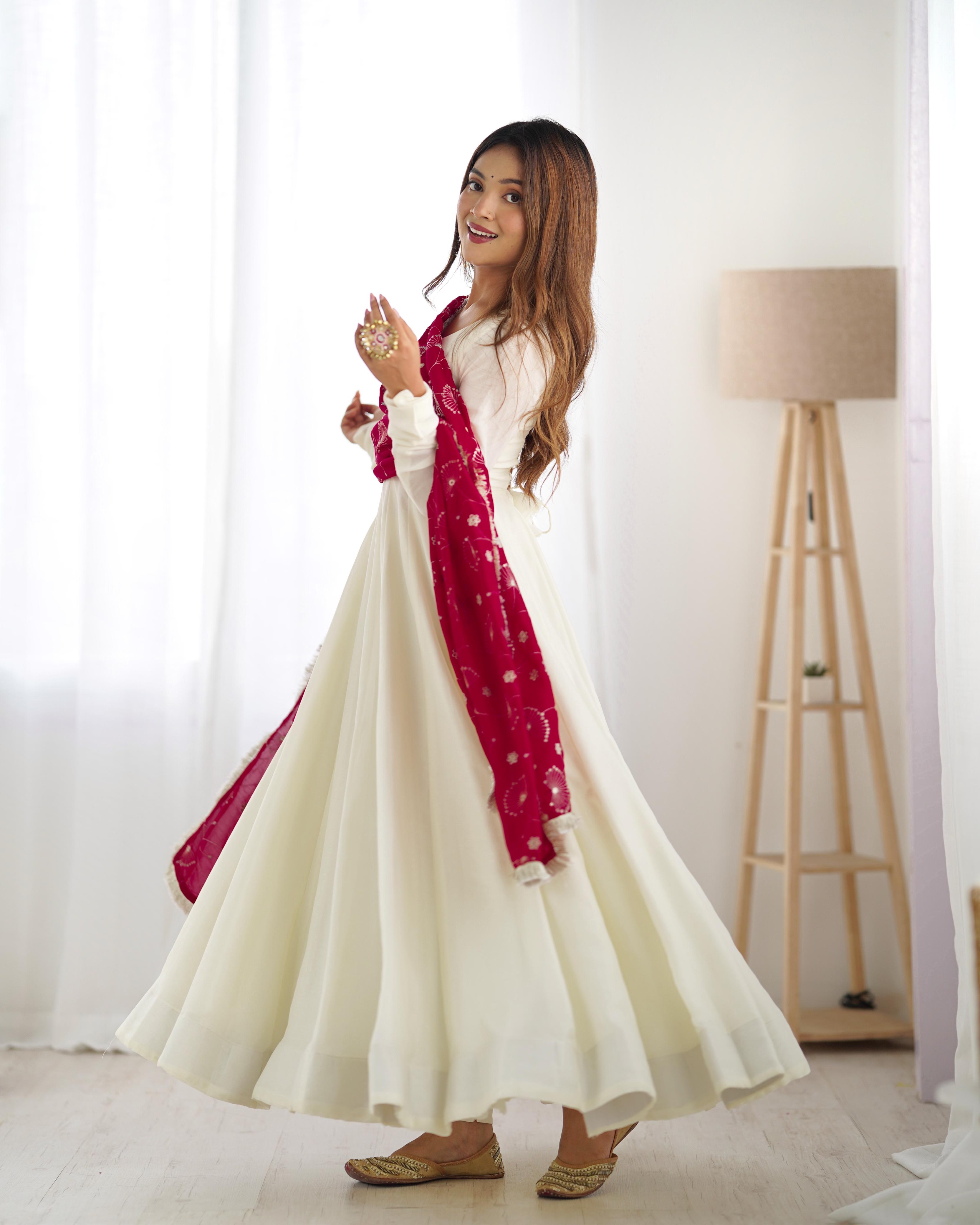 Off White Pure Soft Vichitra Silk Anarkali Suit Set With Huge Flair, Dupatta & Pant