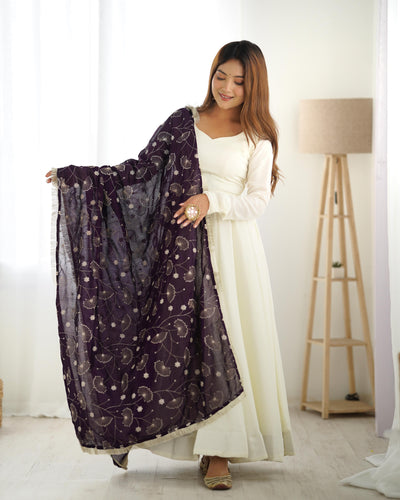 White Pure Soft Vichitra Silk Anarkali Suit Set With Huge Flair, Dark Purple Dupatta & Pant