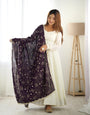 White Pure Soft Vichitra Silk Anarkali Suit Set With Huge Flair, Dark Purple Dupatta & Pant