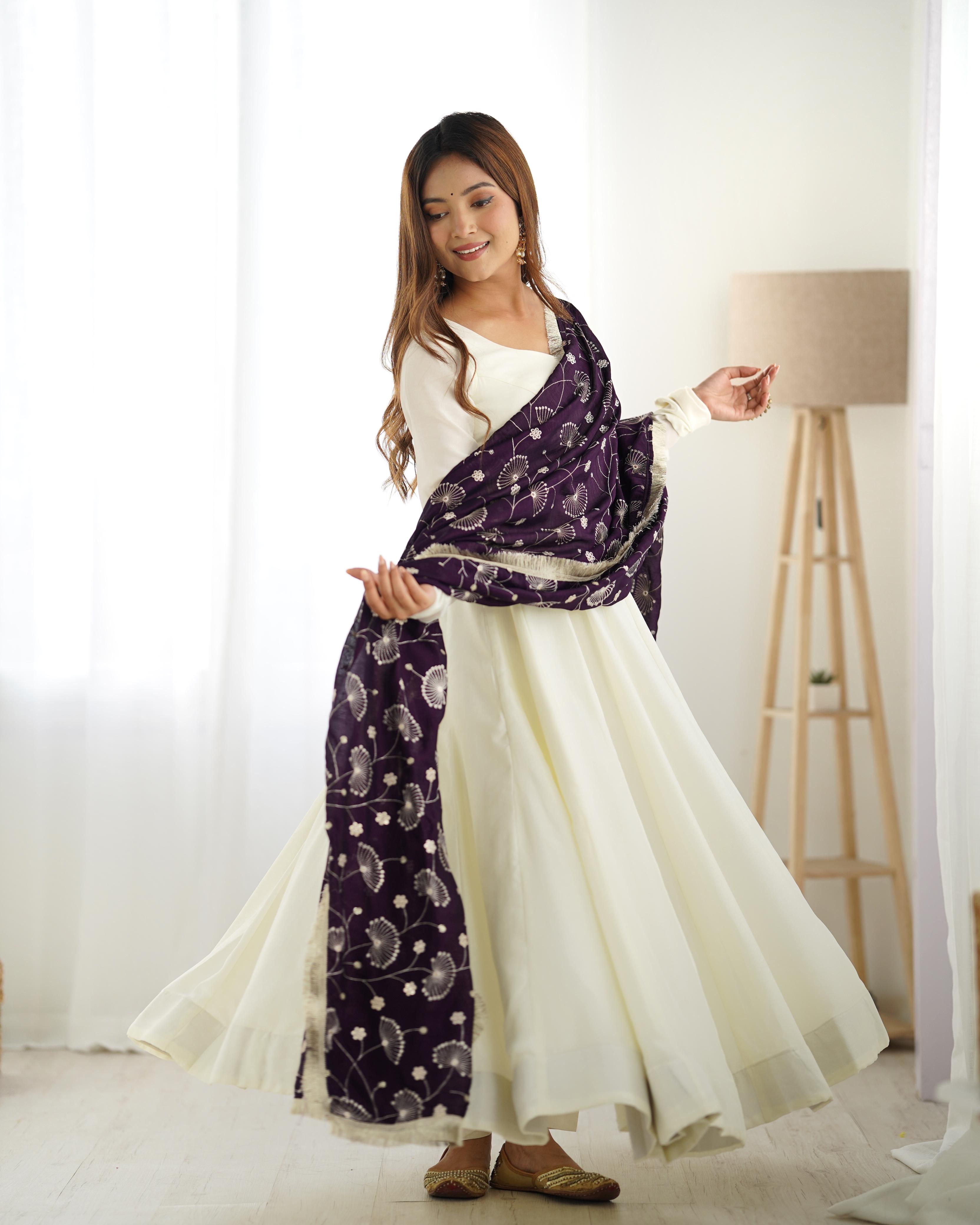 White Pure Soft Vichitra Silk Anarkali Suit Set With Huge Flair, Dark Purple Dupatta & Pant