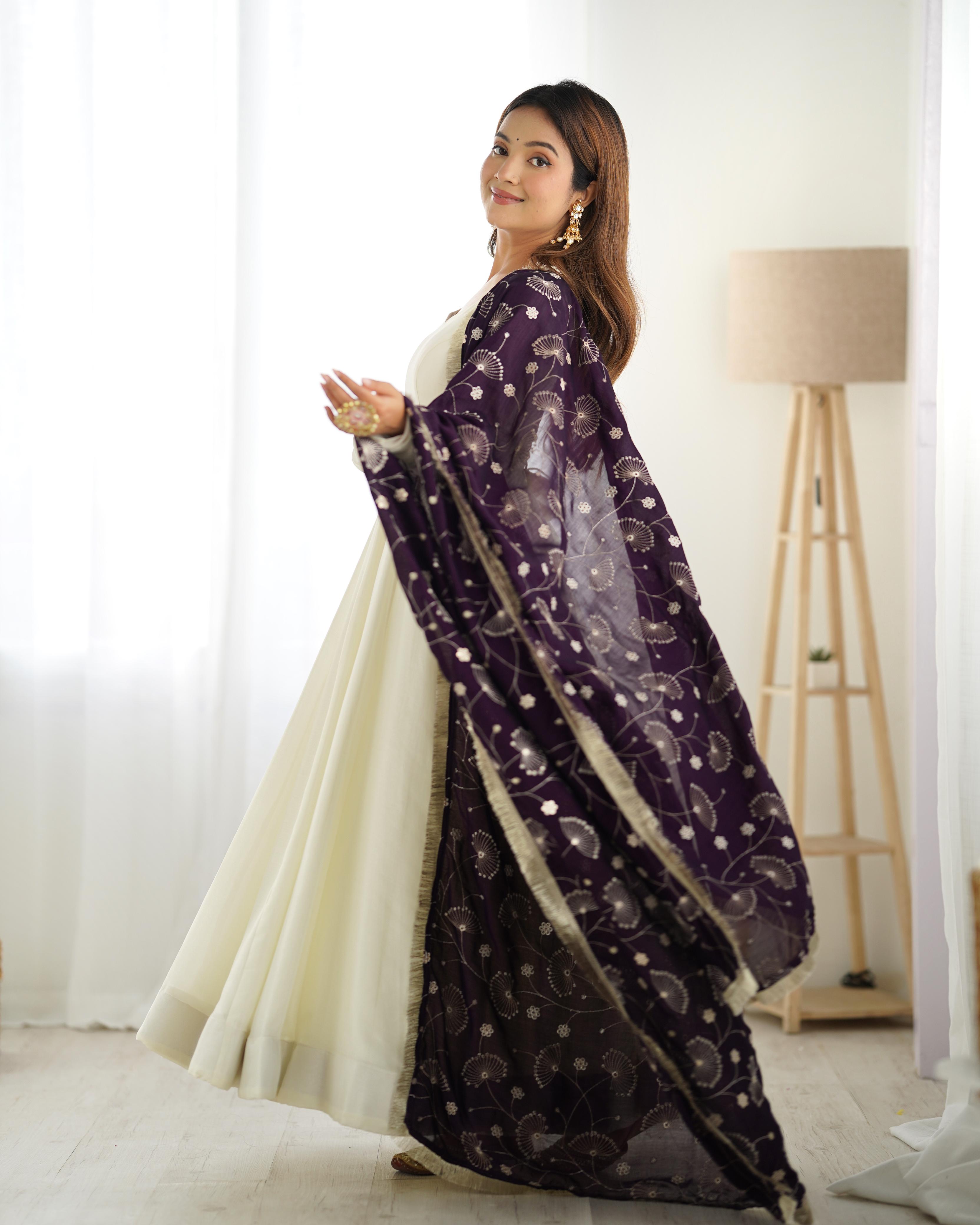 White Pure Soft Vichitra Silk Anarkali Suit Set With Huge Flair, Dark Purple Dupatta & Pant