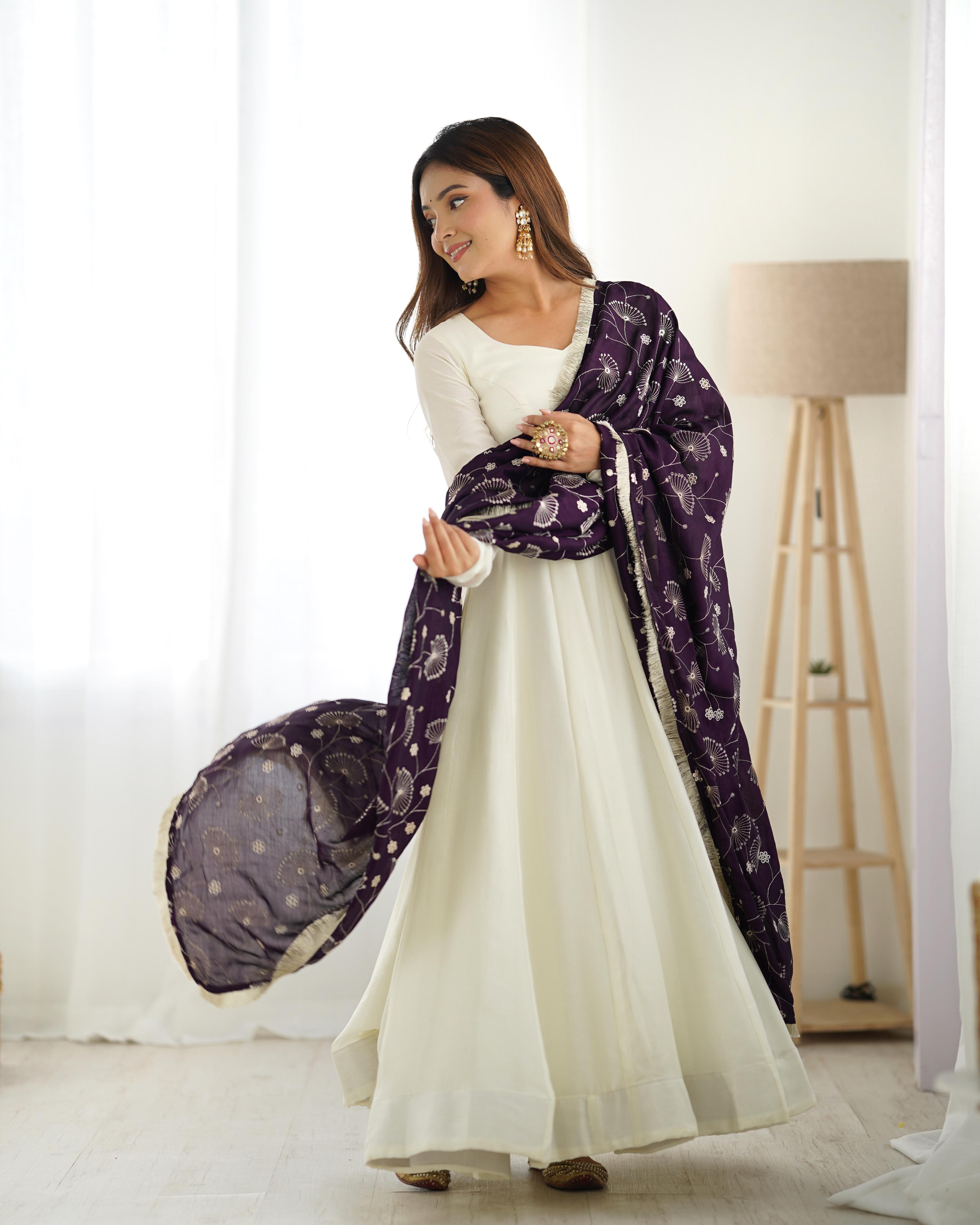 White Pure Soft Vichitra Silk Anarkali Suit Set With Huge Flair, Dark Purple Dupatta & Pant