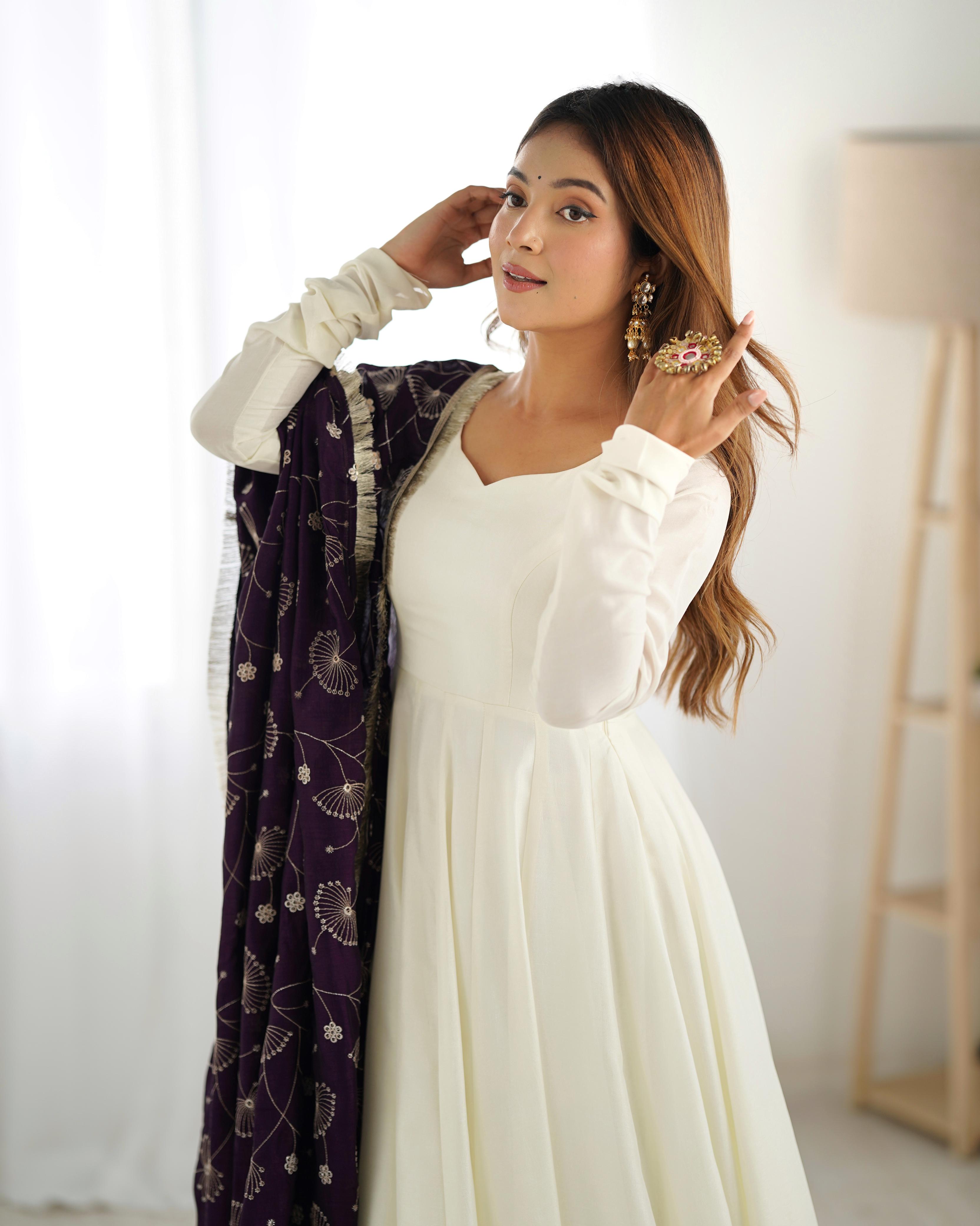 White Pure Soft Vichitra Silk Anarkali Suit Set With Huge Flair, Dark Purple Dupatta & Pant