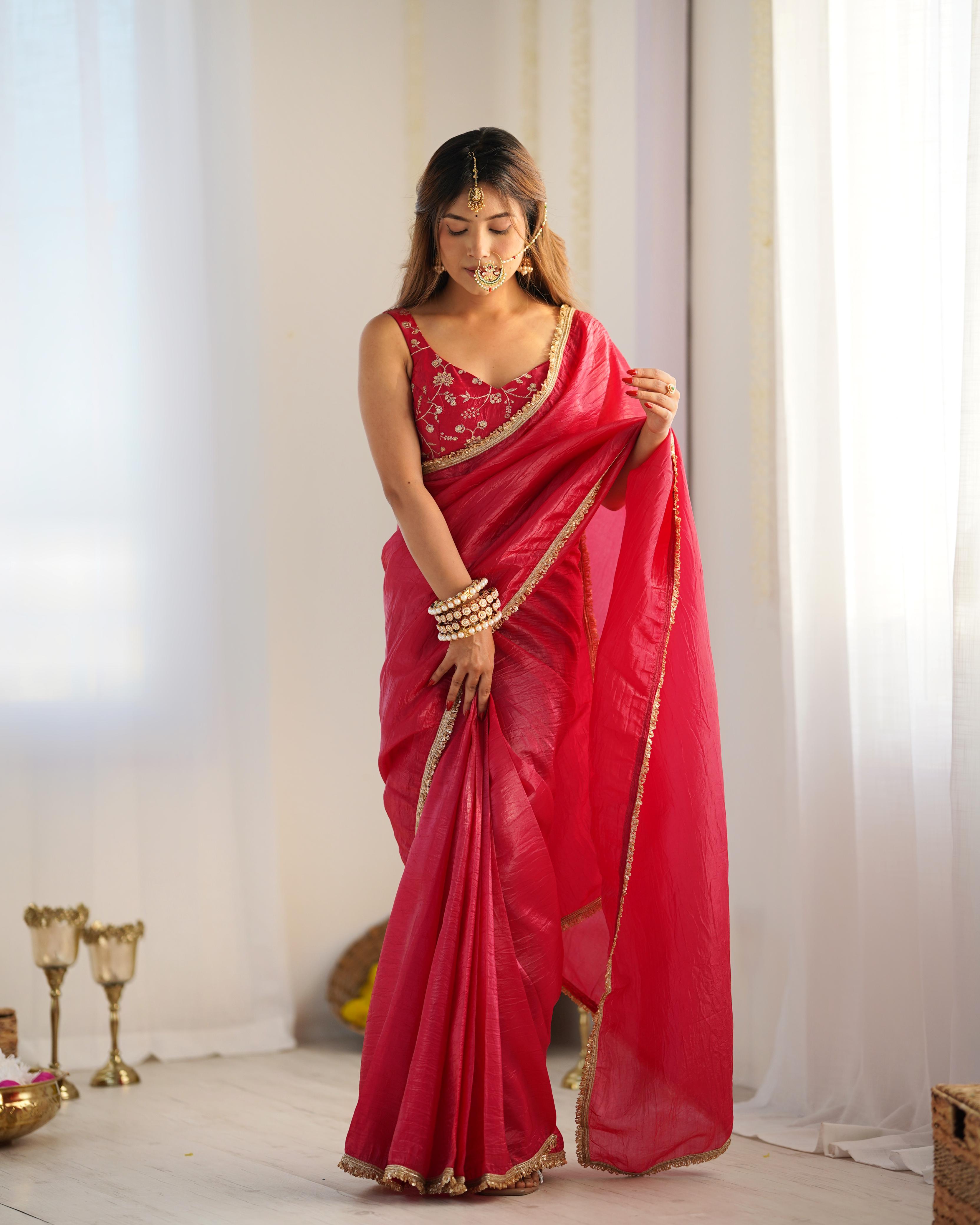 Rani Pink Ready-To-Wear Gold Crush Tissue Silk Saree