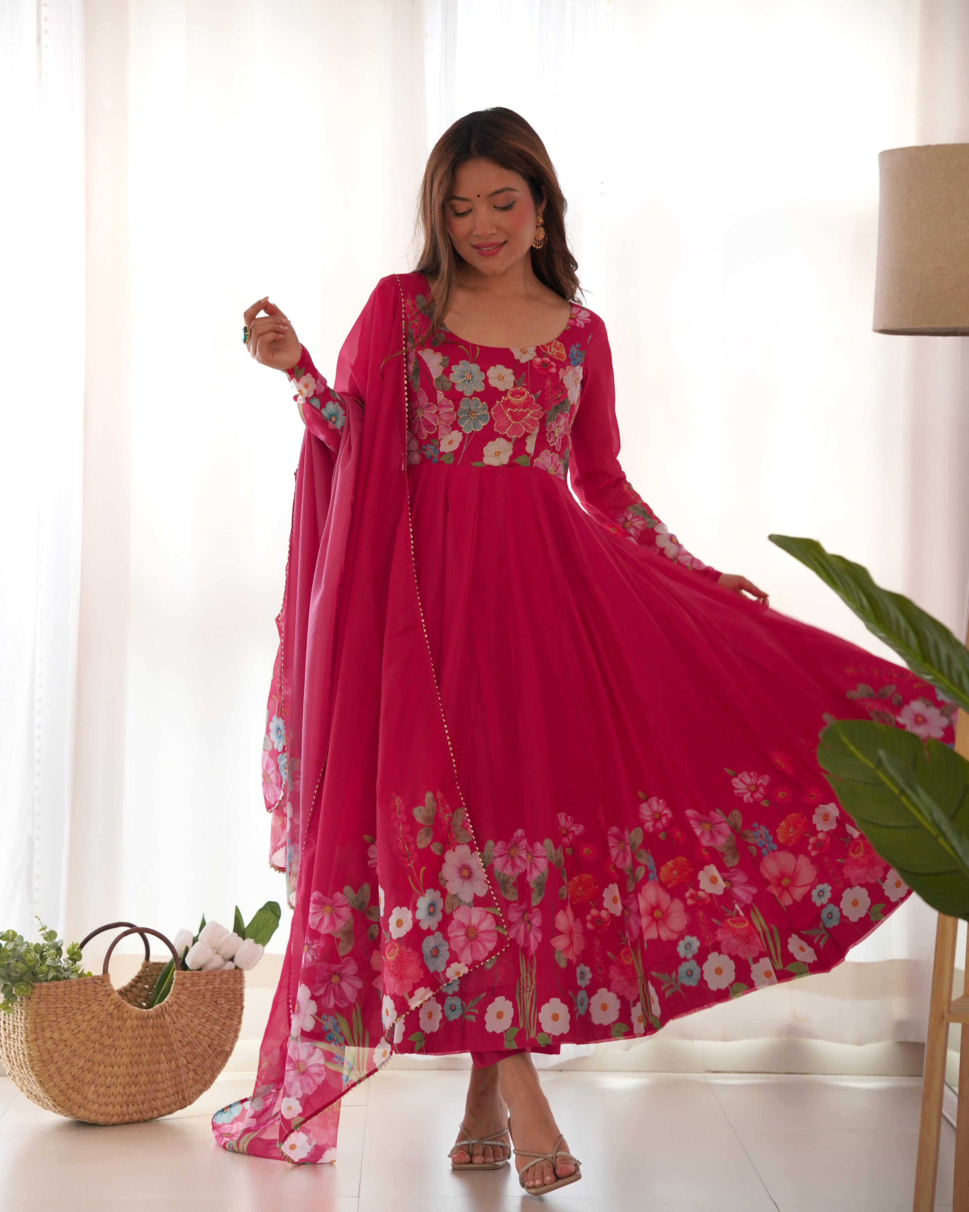 Pink Pure Soft Organza Anarkali Suit Set With Huge Flair, Dupatta & Pant