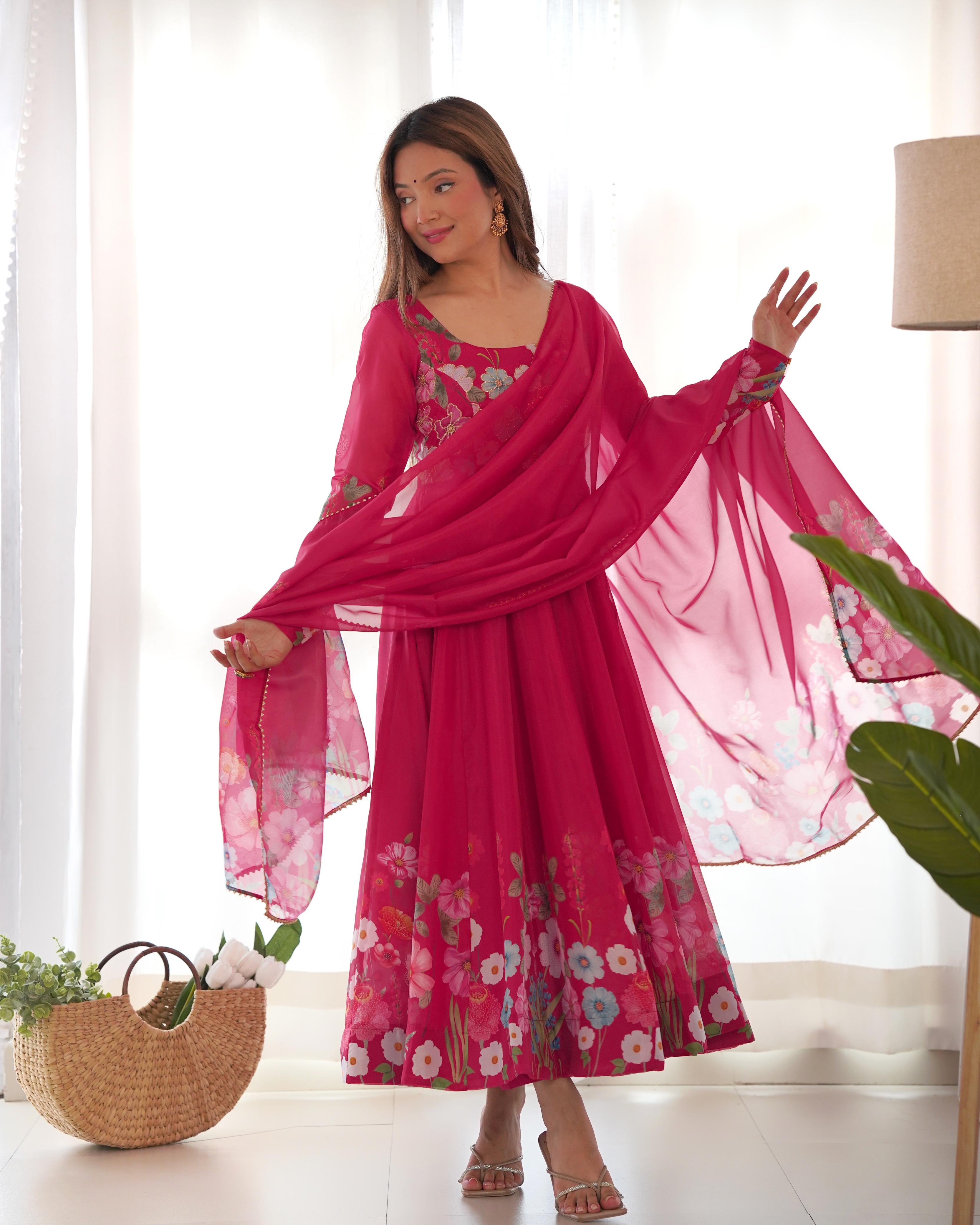 Pink Pure Soft Organza Anarkali Suit Set With Huge Flair, Dupatta & Pant