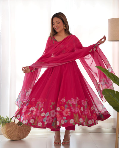 Pink Pure Soft Organza Anarkali Suit Set With Huge Flair, Dupatta & Pant