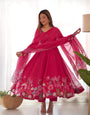 Pink Pure Soft Organza Anarkali Suit Set With Huge Flair, Dupatta & Pant