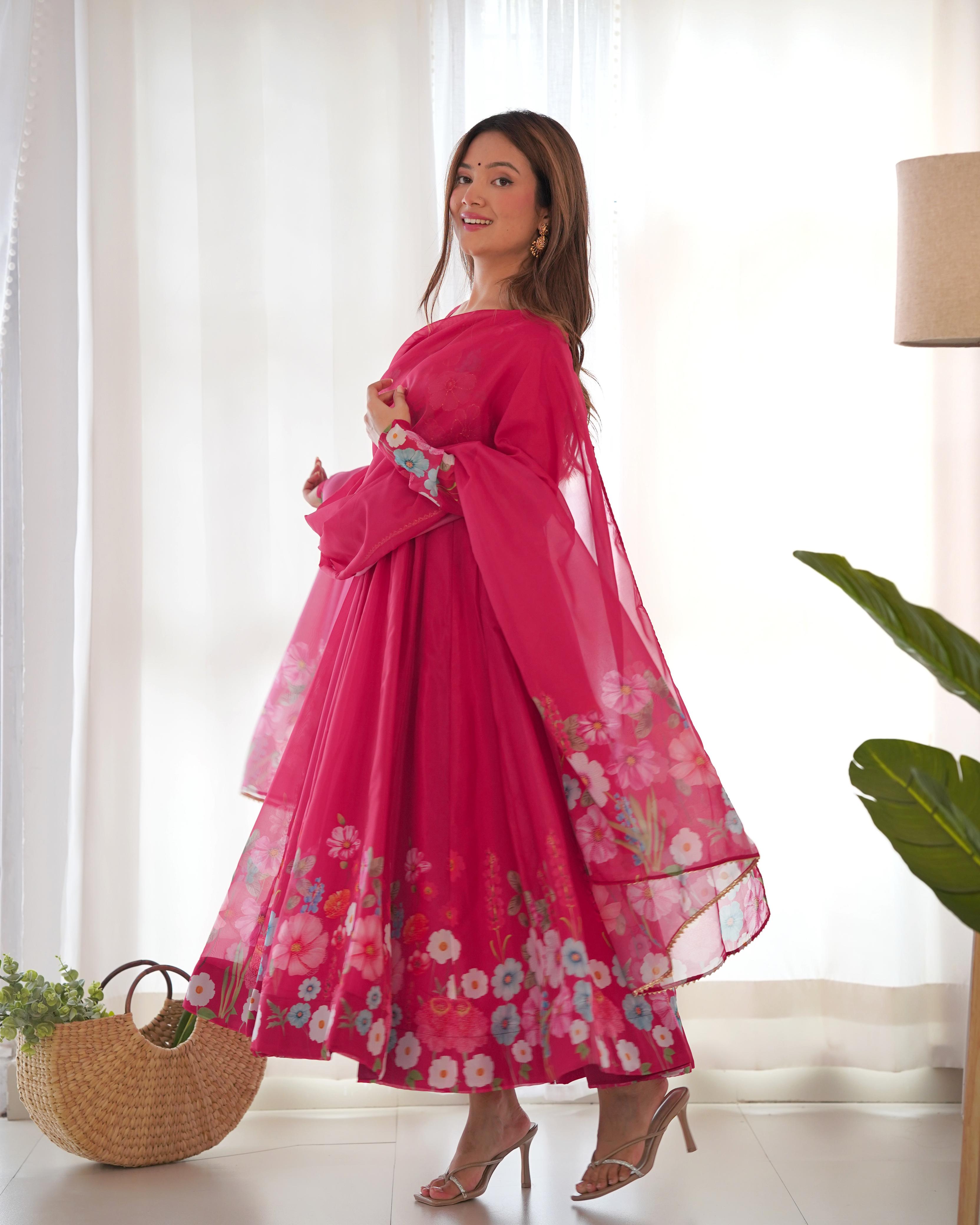 Pink Pure Soft Organza Anarkali Suit Set With Huge Flair, Dupatta & Pant