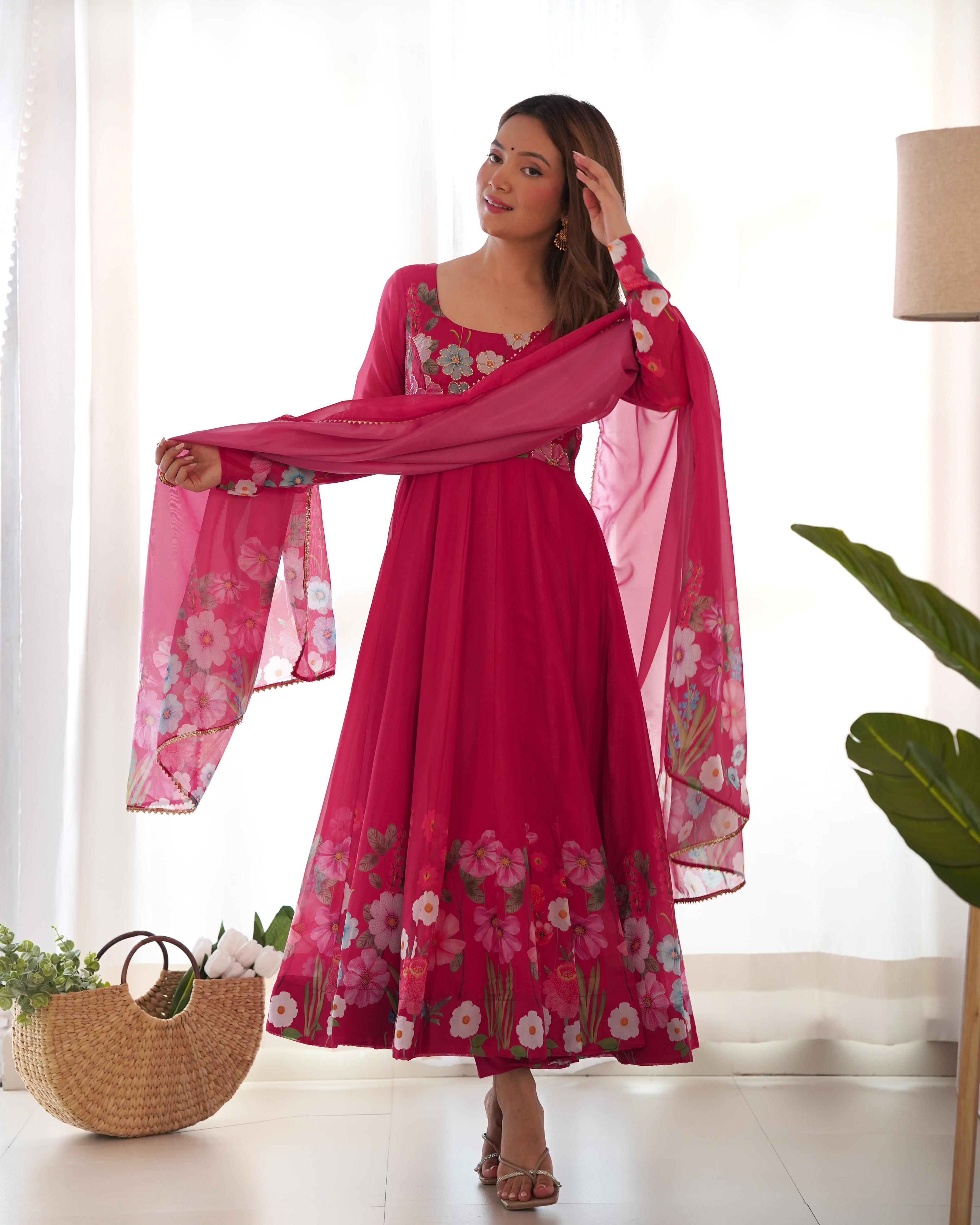 Pink Pure Soft Organza Anarkali Suit Set With Huge Flair, Dupatta & Pant