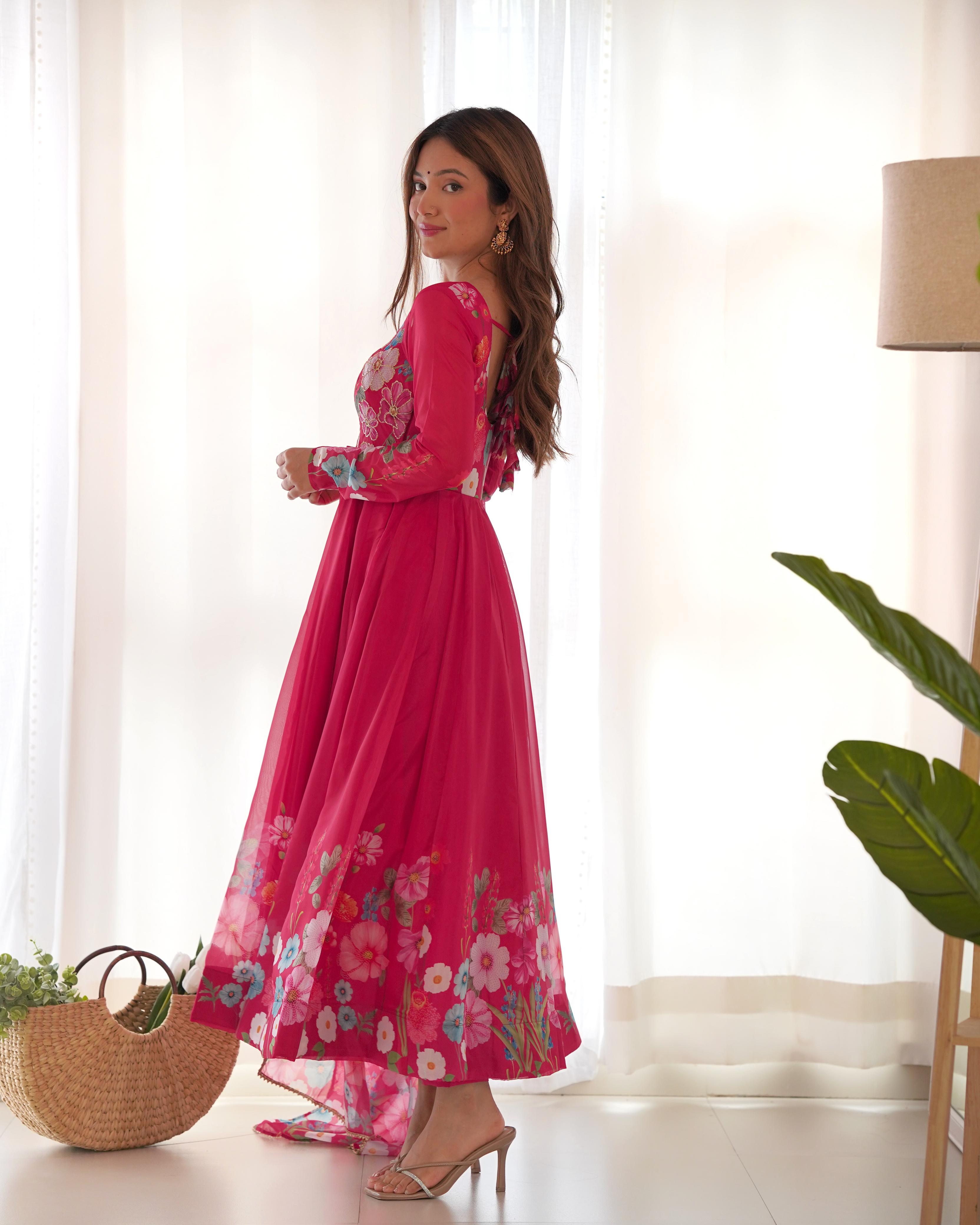 Pink Pure Soft Organza Anarkali Suit Set With Huge Flair, Dupatta & Pant